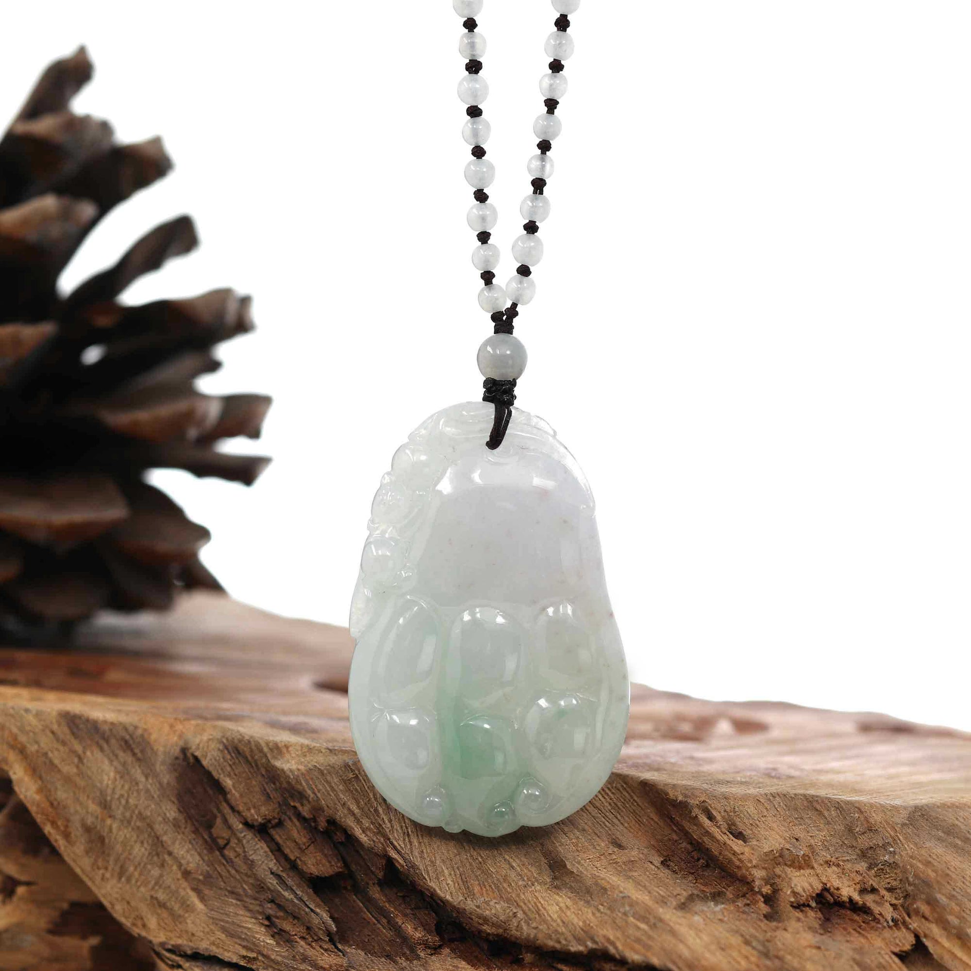 Baikalla Jewelry Jade Carving Necklace Genuine Green & Light Lavender "Buddha's Palm" Jadeite Jade Good Luck Pendant Necklace With Real Jadeite Bead Necklace