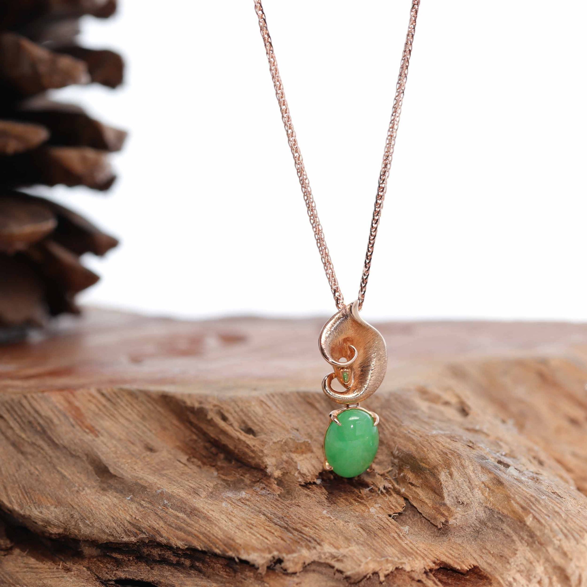 Baikalla Jewelry 18k Gold Jadeite Necklace 18K Rose Gold "Morning Glory" Imperial Jadeite Jade Cabochon Necklace with Diamonds