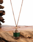 Baikalla Jewelry 18k Gold Jadeite Necklace 18K Rose Gold Genuine Jadeite Jade Prayer Wheel Flower Pendant with Diamonds