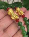 Baikalla Jewelry 24K Pure Yellow Gold PiXiu With Genuine Green Nephrite Jade Round Beads Bracelet (8 mm)