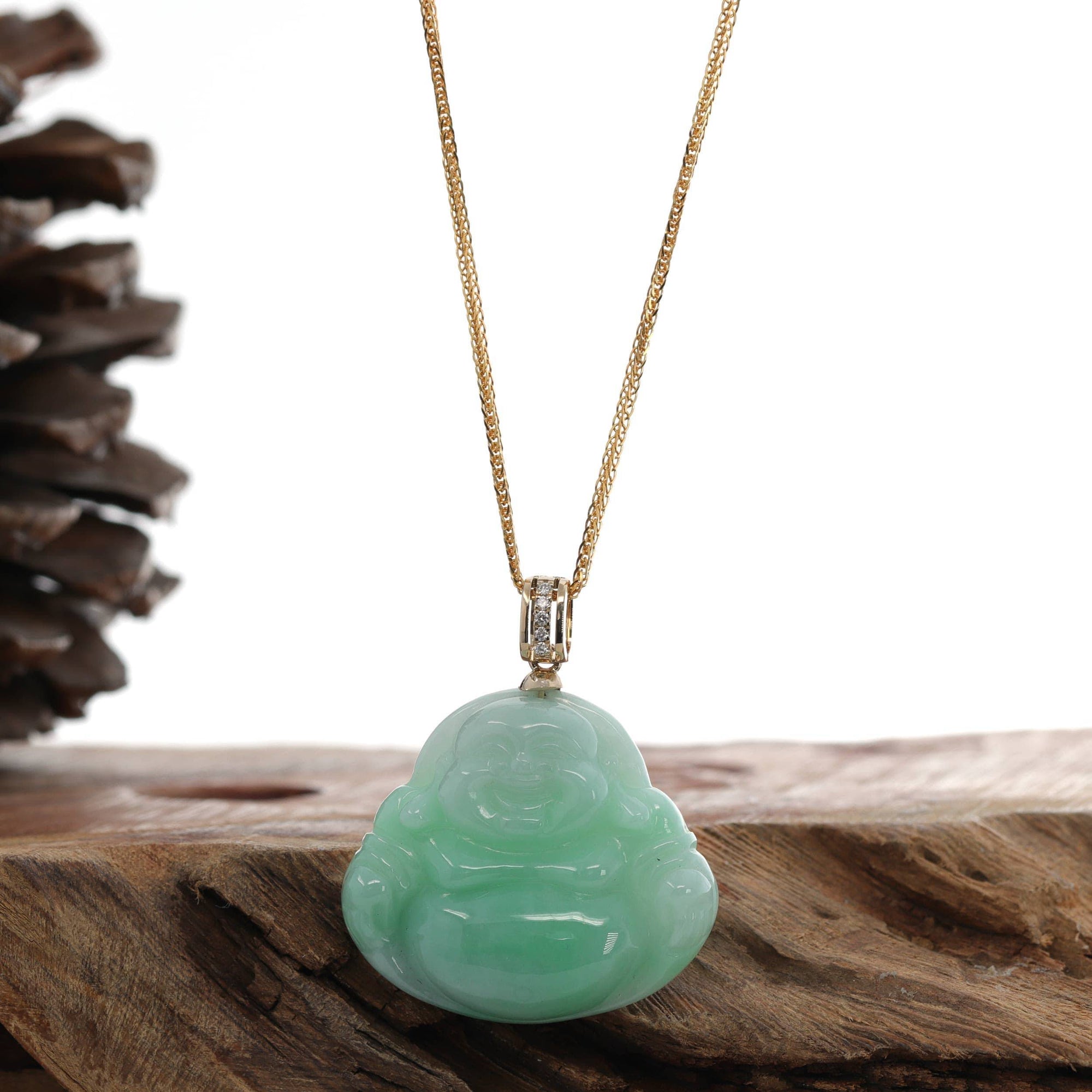 Baikalla Jewelry Jade Pendant Natural Burmese Jadeite Jade &quot;Laughing Buddha&quot; With 14k Yellow VS1 Diamond Bail