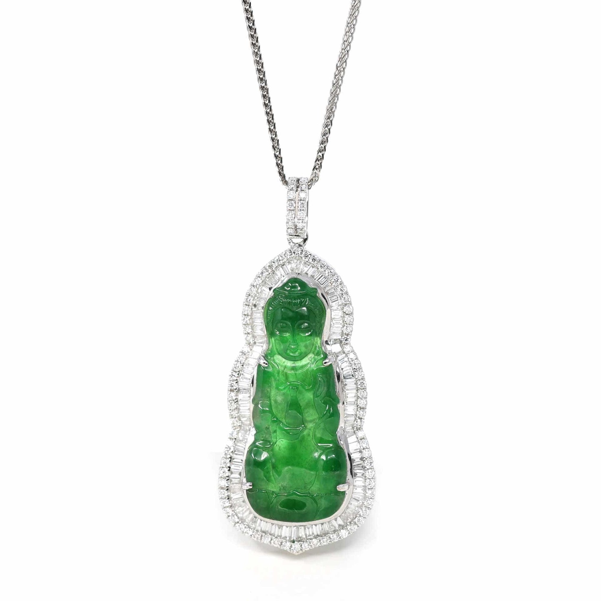 Baikalla Jewelry 18k Gold Jadeite Necklace 18K White Gold High-End Imperial Jadeite Jade &quot;Goddess of Compassion&quot; Guan Yin Necklace with Diamonds