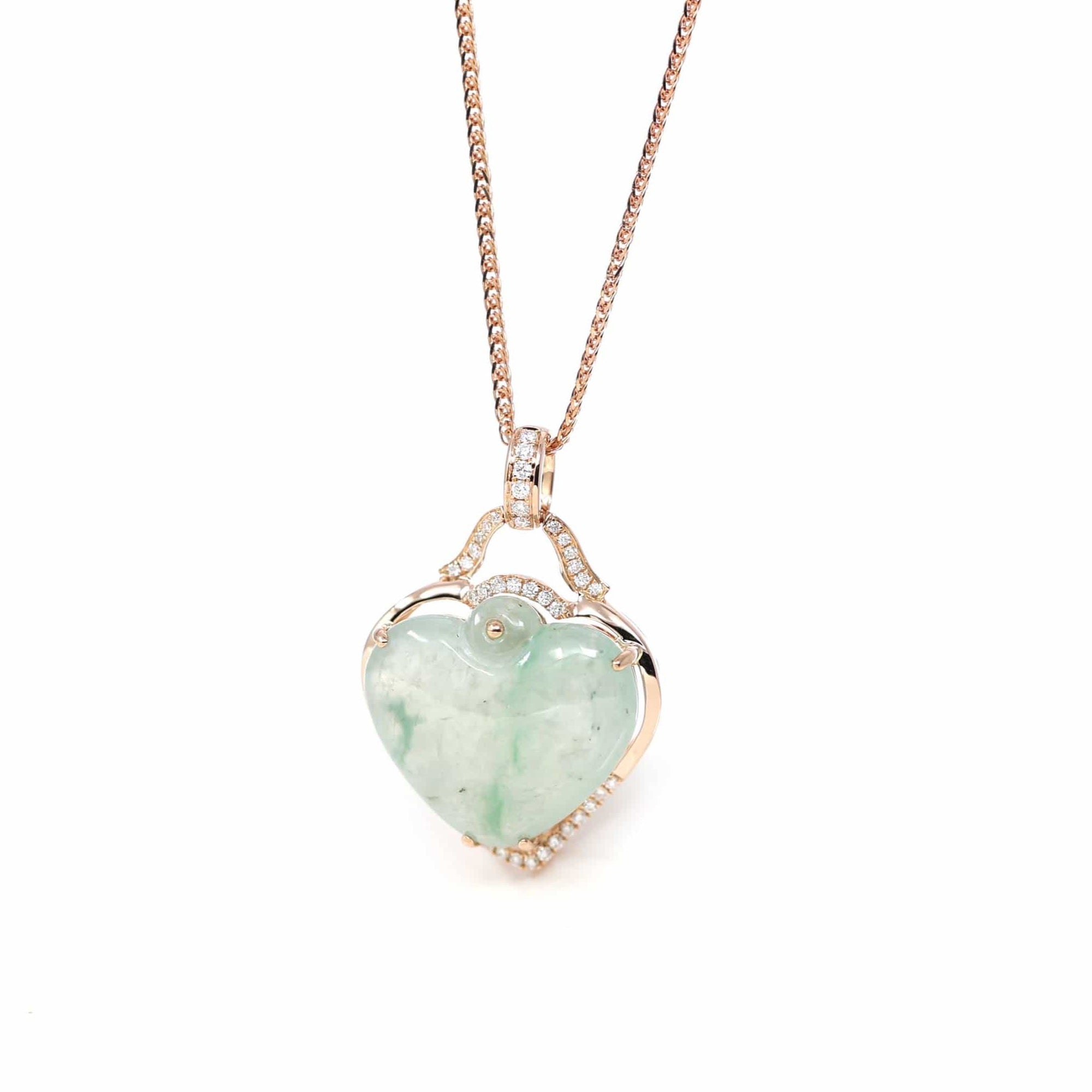 Baikalla Jewelry 18k Gold Jadeite Necklace Baikalla 18K Rose Gold Genuine Burmese Ice Jadeite Heart Pendant with Diamonds High Jewelry