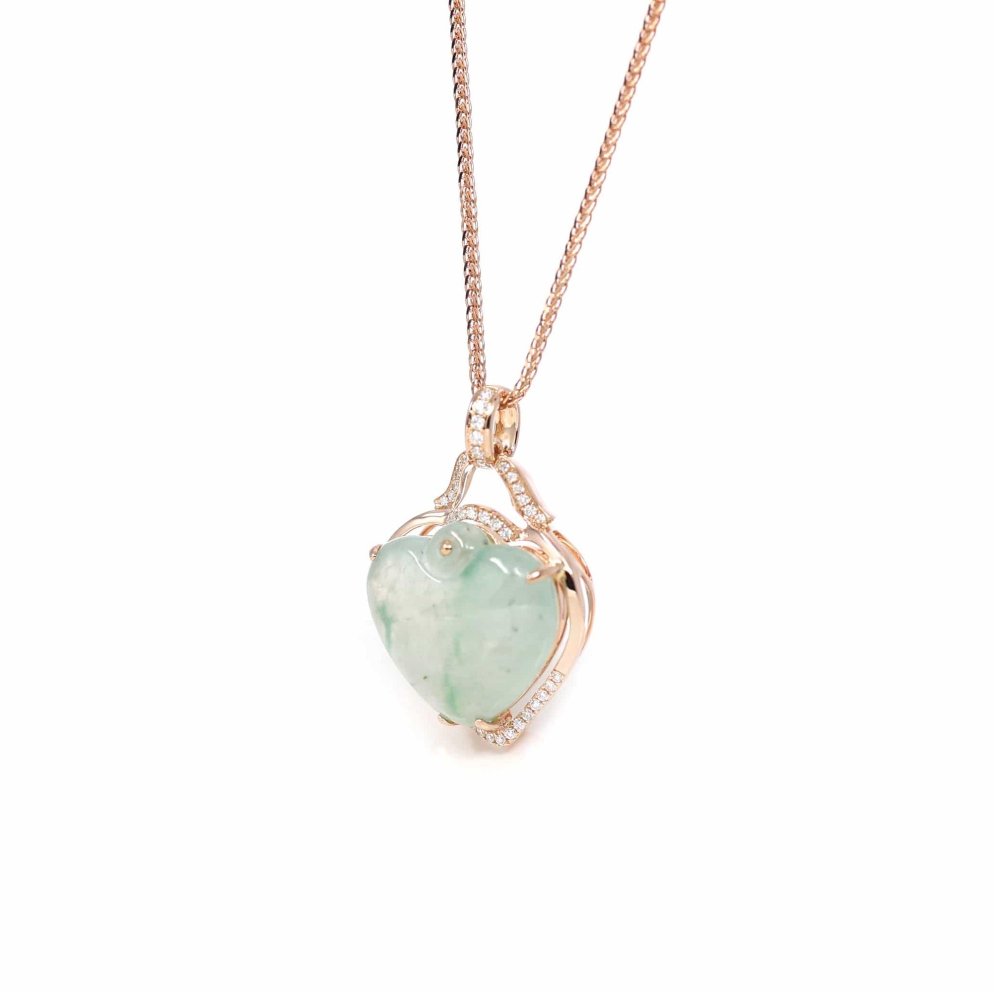 Baikalla Jewelry 18k Gold Jadeite Necklace Baikalla 18K Rose Gold Genuine Burmese Ice Jadeite Heart Pendant with Diamonds High Jewelry