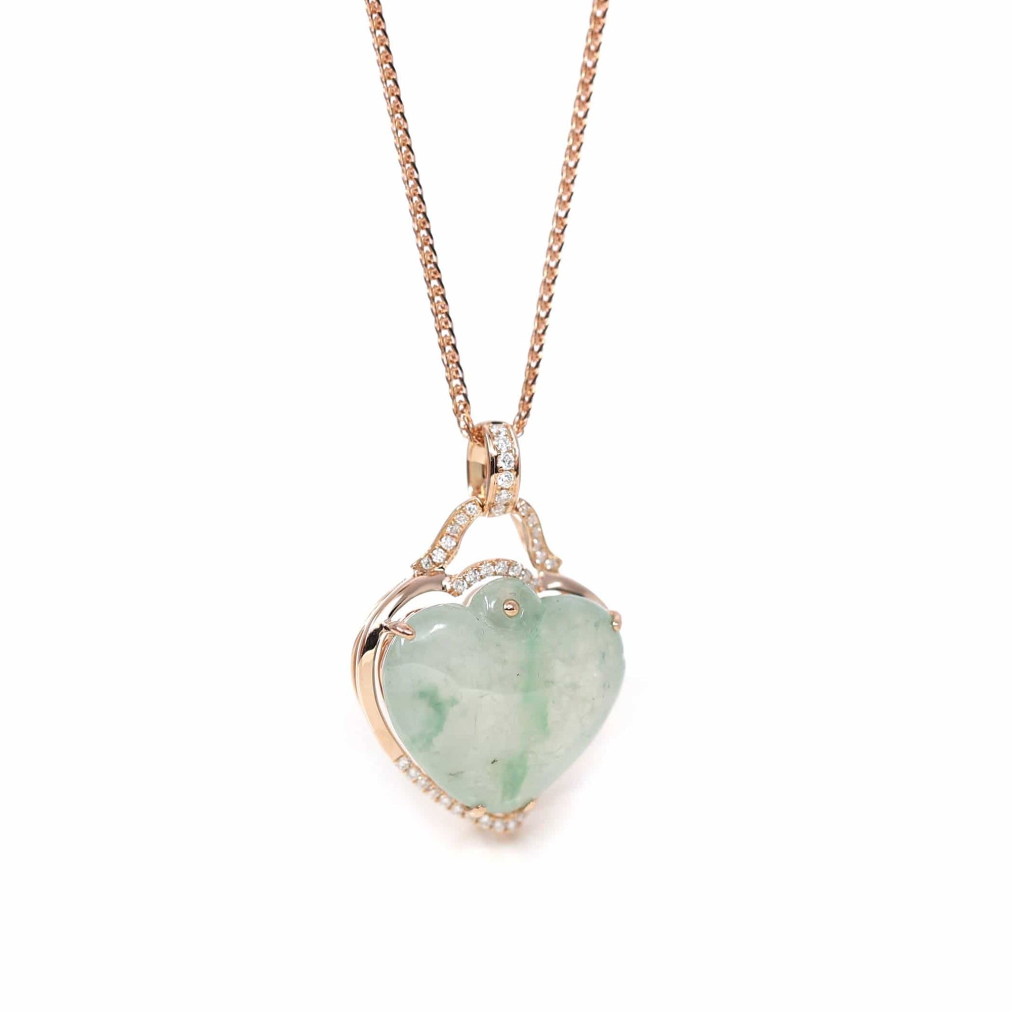 Baikalla Jewelry 18k Gold Jadeite Necklace Baikalla 18K Rose Gold Genuine Burmese Ice Jadeite Heart Pendant with Diamonds High Jewelry