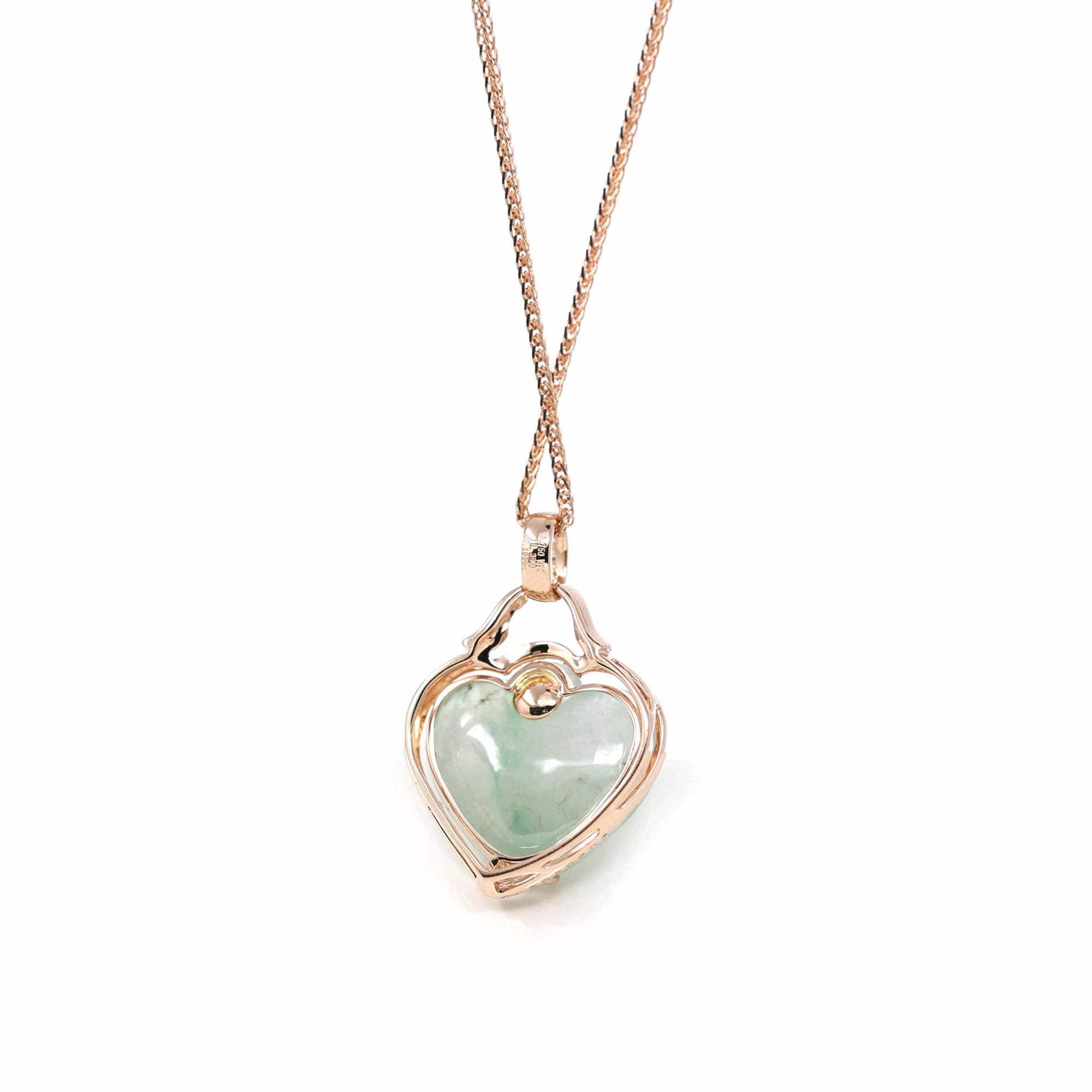 Baikalla Jewelry 18k Gold Jadeite Necklace Baikalla 18K Rose Gold Genuine Burmese Ice Jadeite Heart Pendant with Diamonds High Jewelry