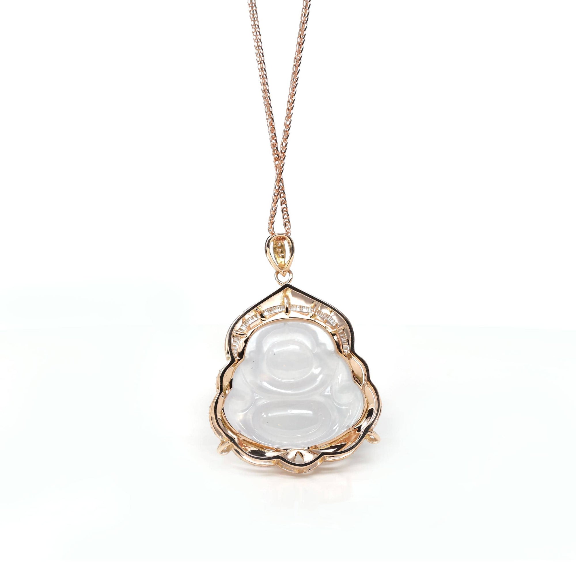 Baikalla Jewelry 18k Gold Jadeite Necklace Baikalla 18K Rose Gold Genuine Burmese Ice Jadeite Buddha Pendant with Diamonds