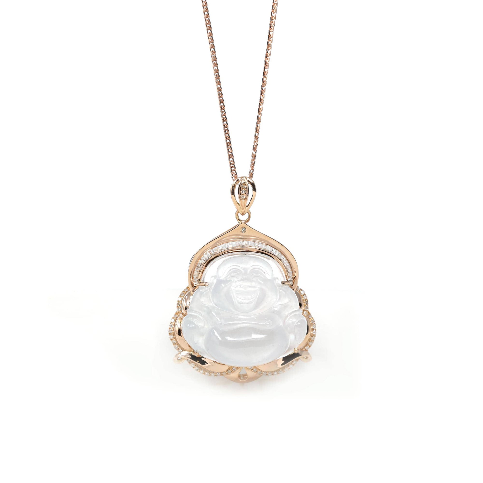 Baikalla Jewelry 18k Gold Jadeite Necklace Baikalla 18K Rose Gold Genuine Burmese Ice Jadeite Buddha Pendant with Diamonds