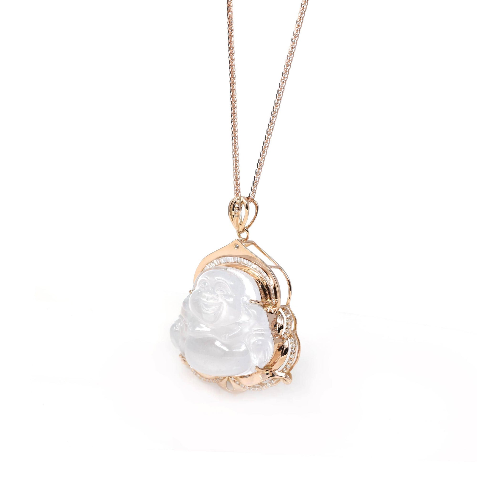 Baikalla Jewelry 18k Gold Jadeite Necklace Baikalla 18K Rose Gold Genuine Burmese Ice Jadeite Buddha Pendant with Diamonds