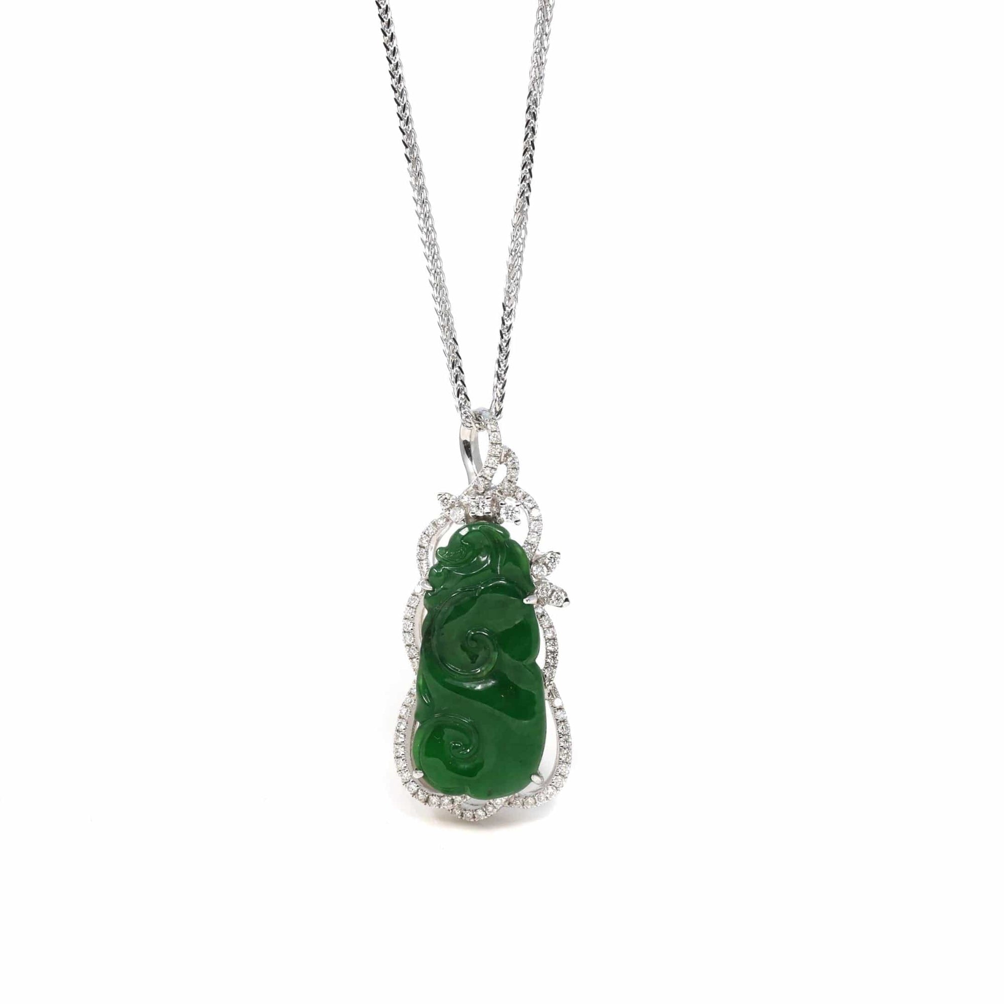 Baikalla Jewelry 18k Gold Jadeite Necklace 18K White Gold High-End Imperial Jadeite Jade"As you wish: RuYi" Necklace with Diamonds