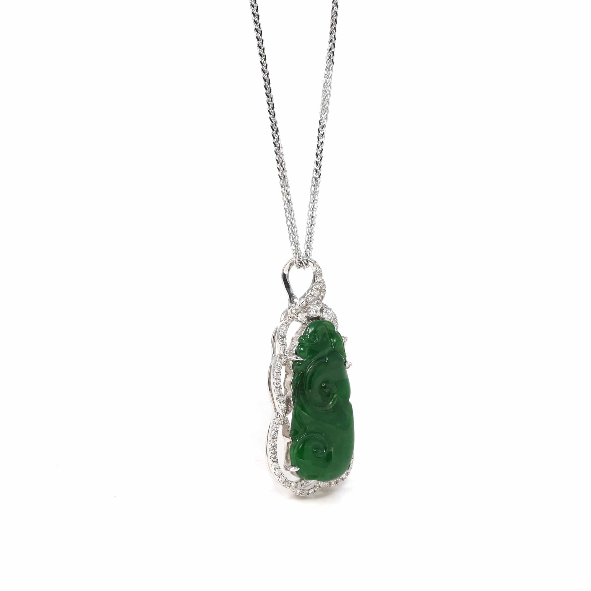 Baikalla Jewelry 18k Gold Jadeite Necklace 18K White Gold High-End Imperial Jadeite Jade"As you wish: RuYi" Necklace with Diamonds