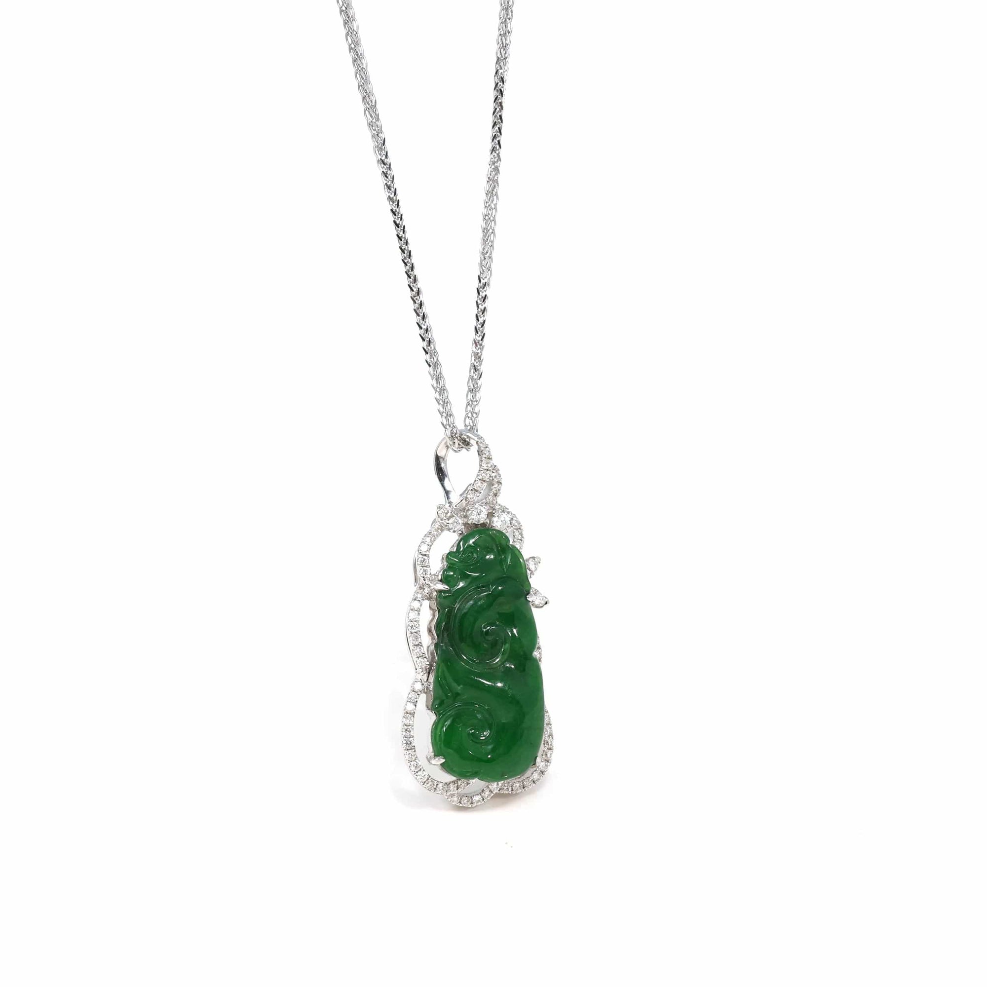 Baikalla Jewelry 18k Gold Jadeite Necklace 18K White Gold High-End Imperial Jadeite Jade"As you wish: RuYi" Necklace with Diamonds