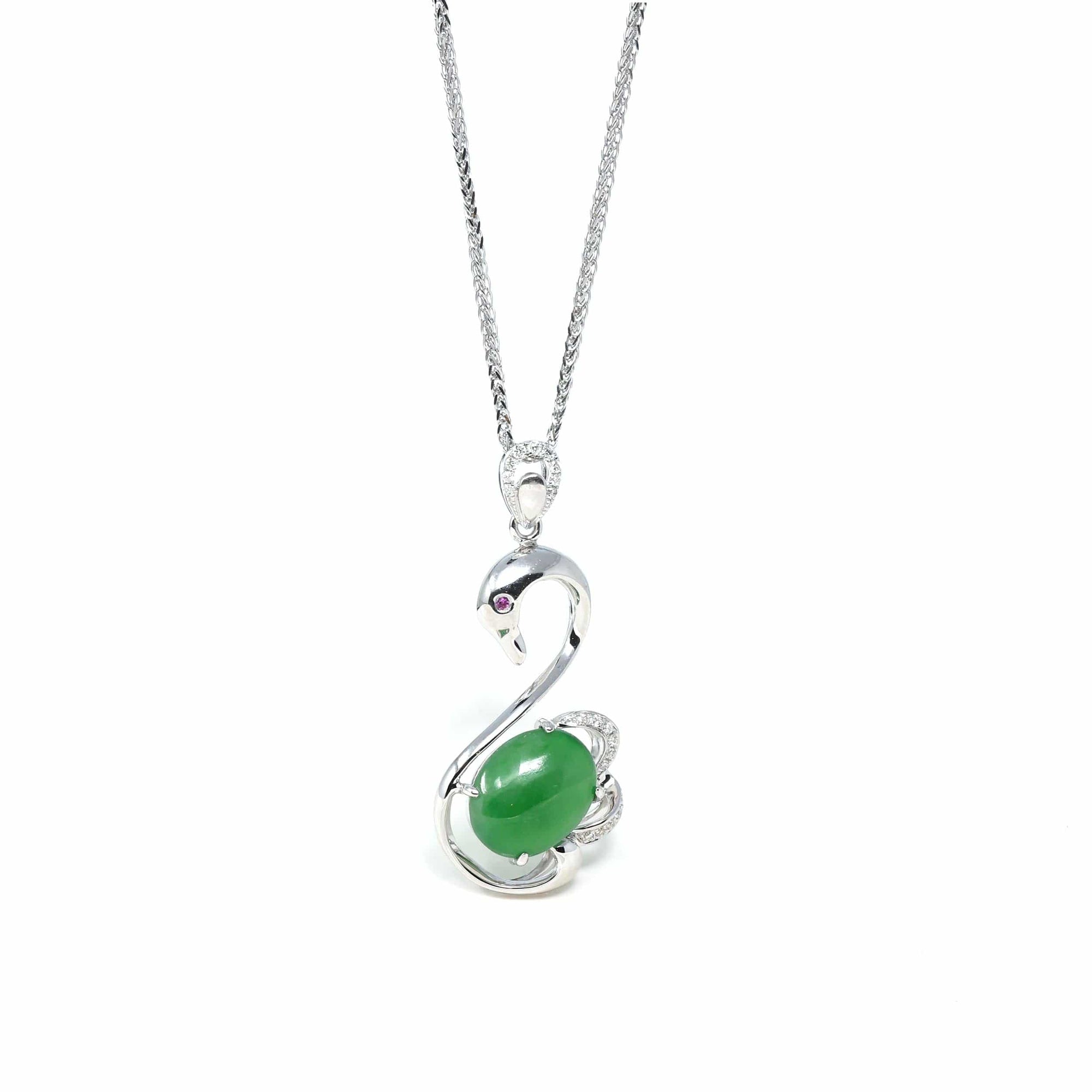 Baikalla Jewelry 18k Gold Jadeite Necklace 18K White Gold "Swan" Imperial Jadeite Jade Cabochon Necklace with Diamonds