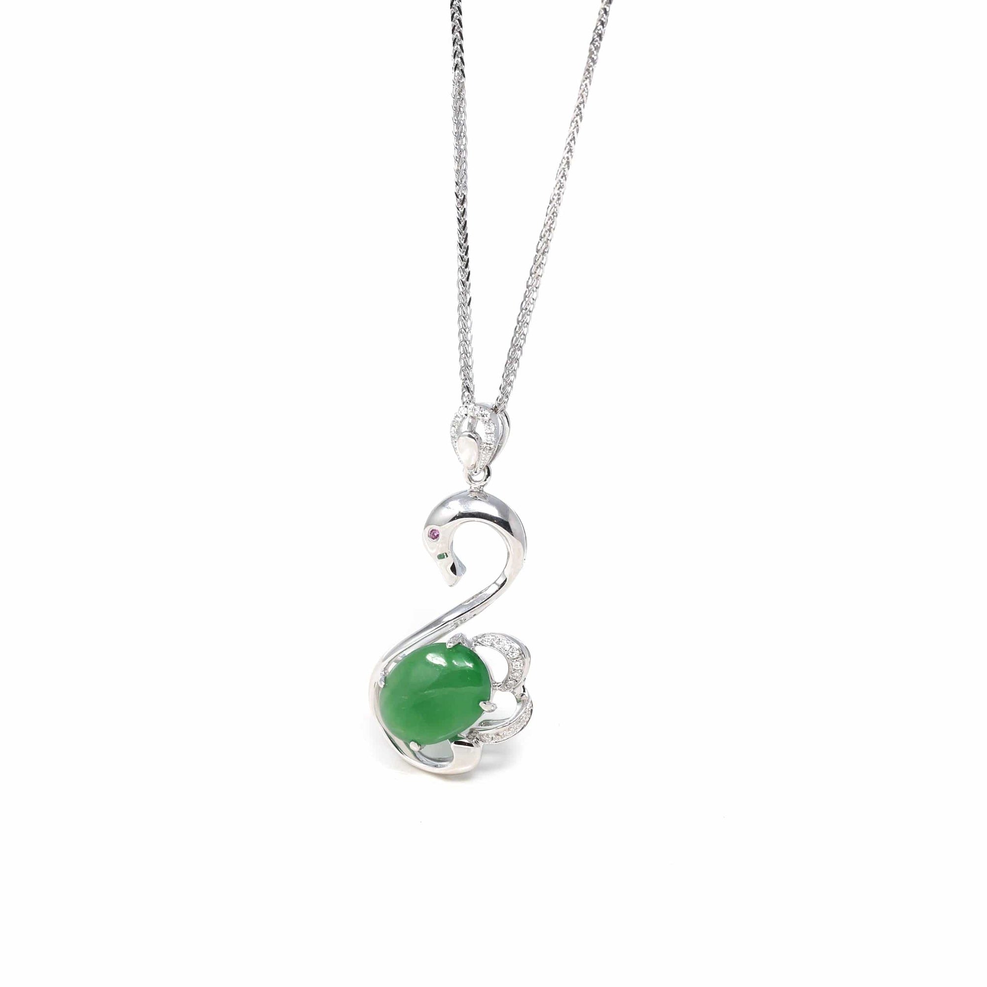 Baikalla Jewelry 18k Gold Jadeite Necklace 18K White Gold "Swan" Imperial Jadeite Jade Cabochon Necklace with Diamonds