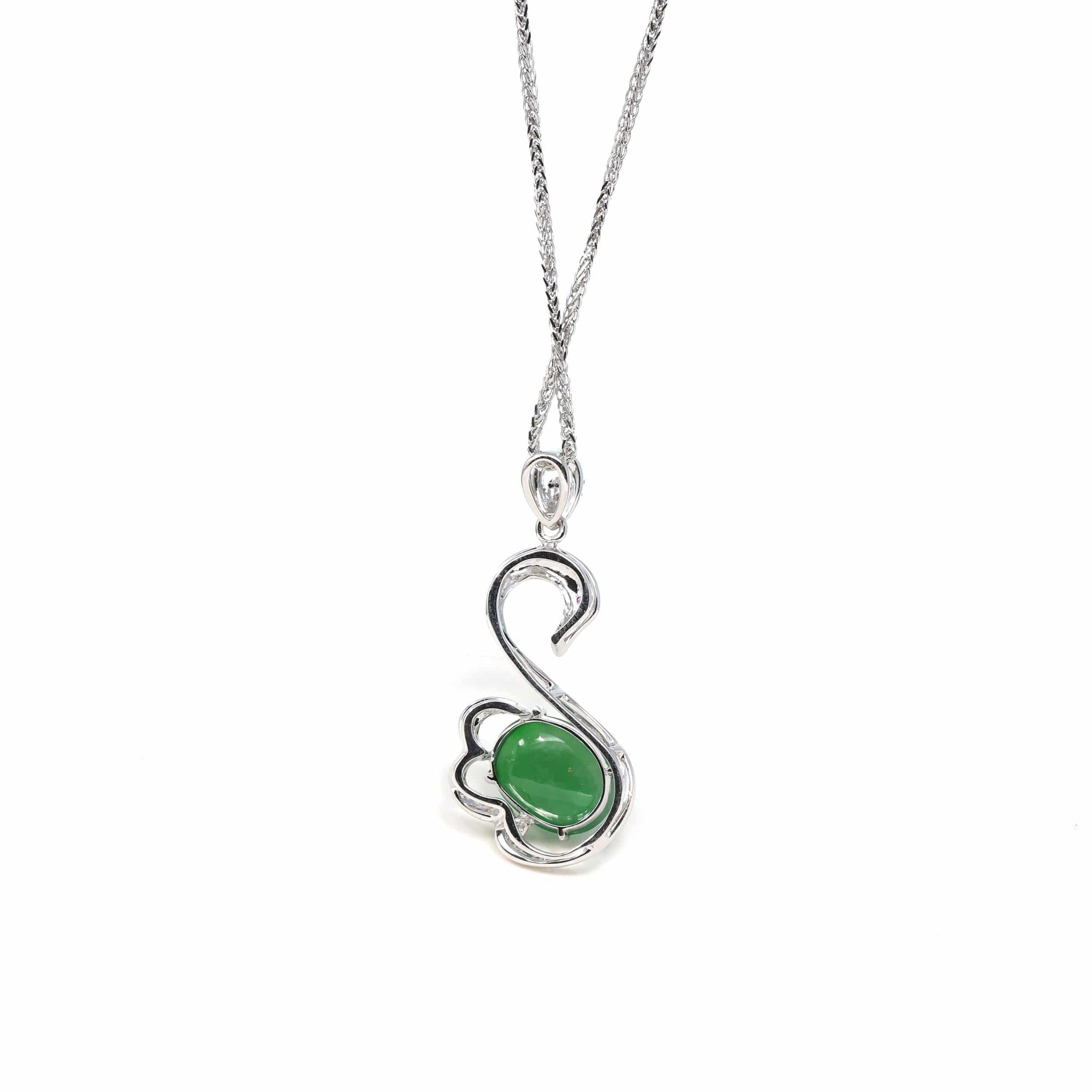 Baikalla Jewelry 18k Gold Jadeite Necklace 18K White Gold "Swan" Imperial Jadeite Jade Cabochon Necklace with Diamonds