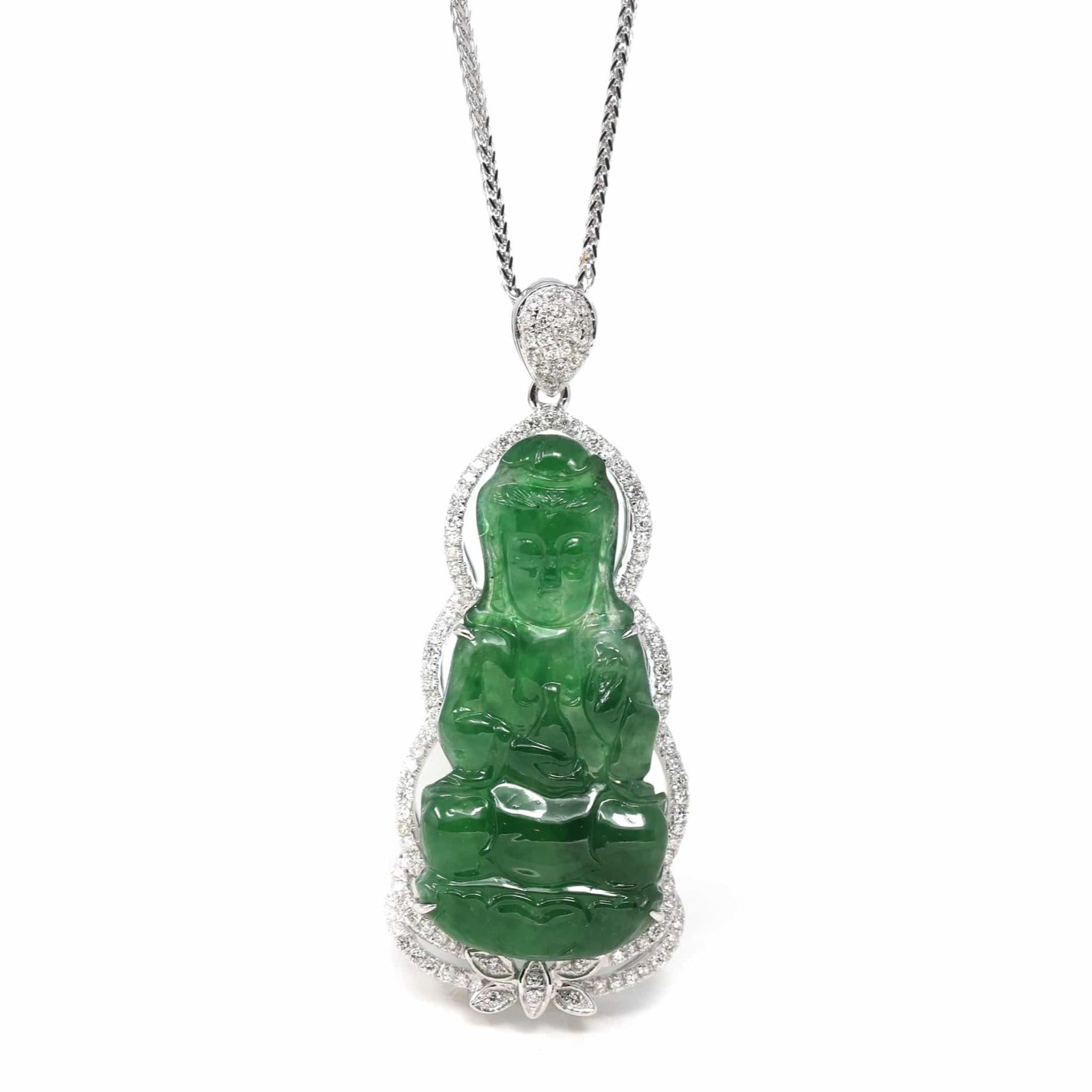 Baikalla Jewelry 18k Gold Jadeite Necklace 18K White Gold High-End Imperial Jadeite Jade "Goddess of Compassion" Guan Yin Necklace with Diamonds