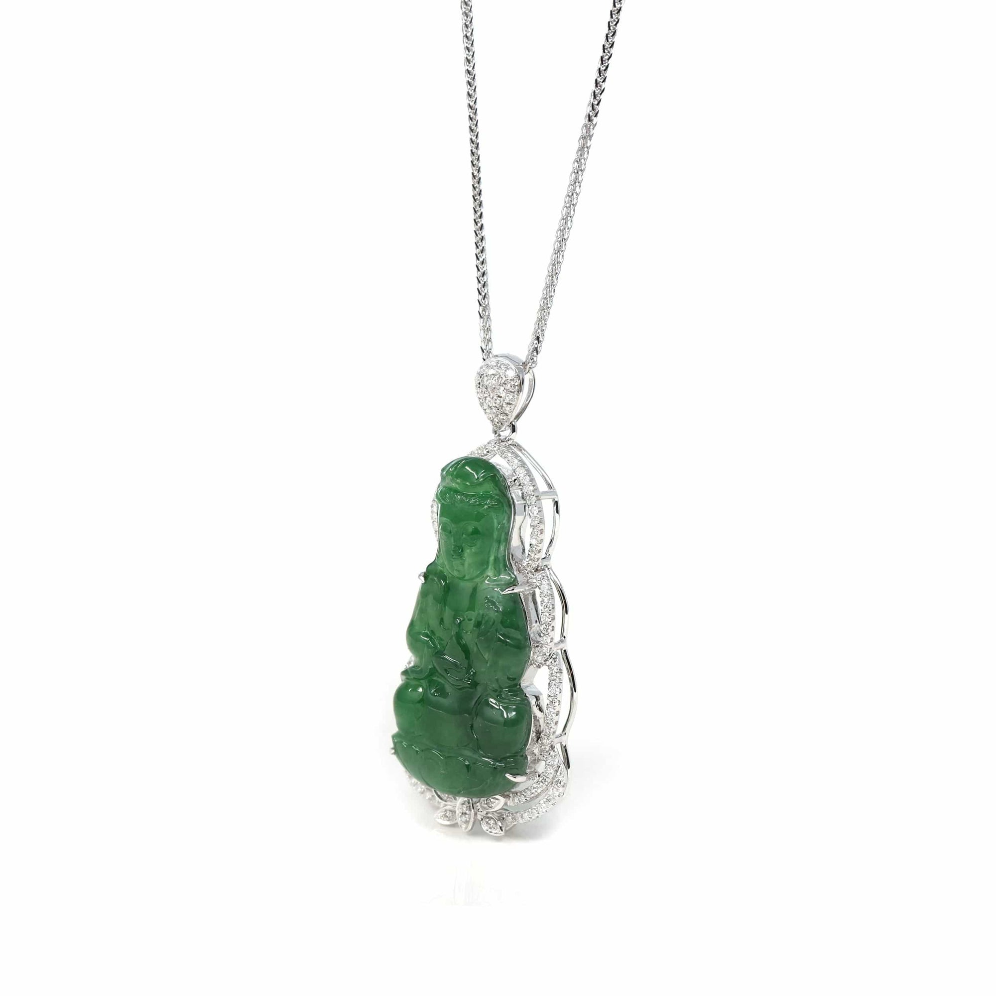 Baikalla Jewelry 18k Gold Jadeite Necklace 18K White Gold High-End Imperial Jadeite Jade "Goddess of Compassion" Guan Yin Necklace with Diamonds