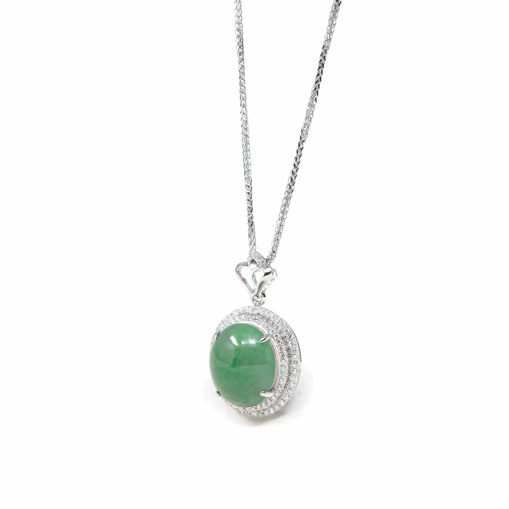 Baikalla Jewelry 18k Gold Jadeite Necklace 18K White Gold Oval Imperial Jadeite Jade Cabochon Necklace with Diamonds