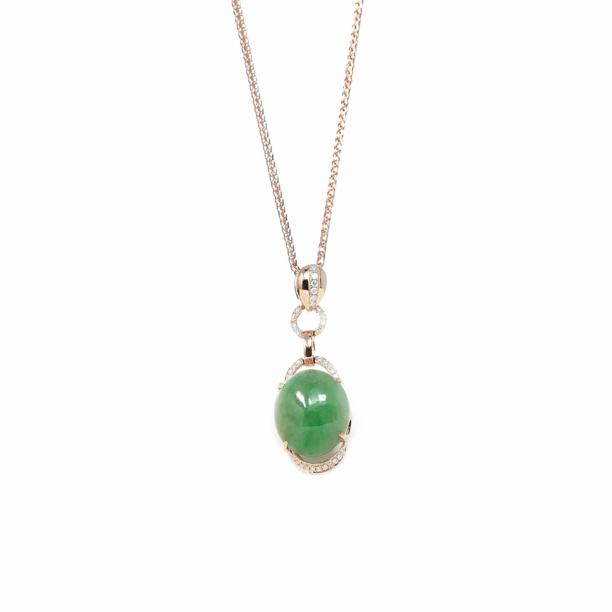 Baikalla Jewelry 18k Gold Jadeite Necklace 18K Rose Gold Oval Imperial Jadeite Jade Cabochon Necklace with Diamonds