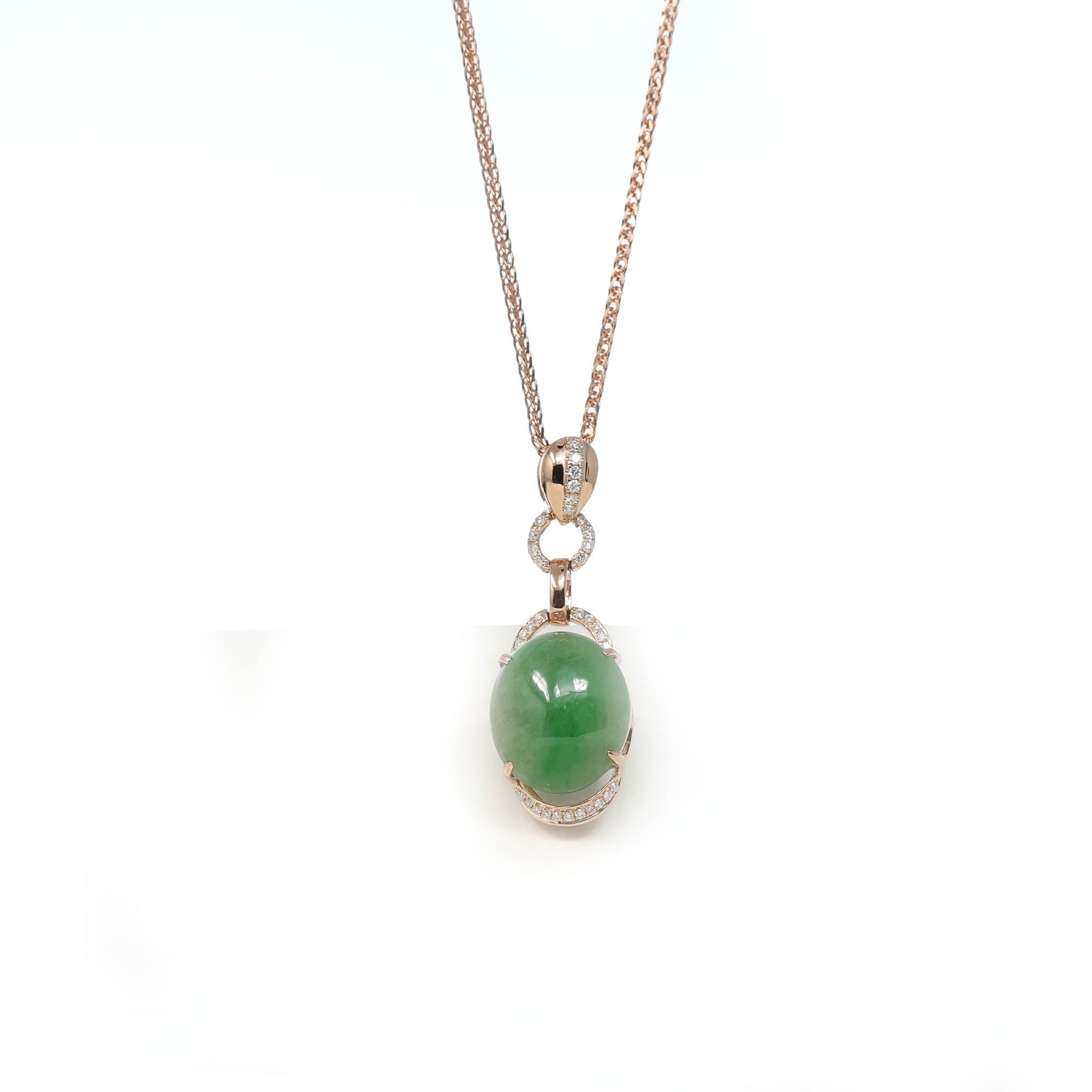 Baikalla Jewelry 18k Gold Jadeite Necklace 18K Rose Gold Oval Imperial Jadeite Jade Cabochon Necklace with Diamonds