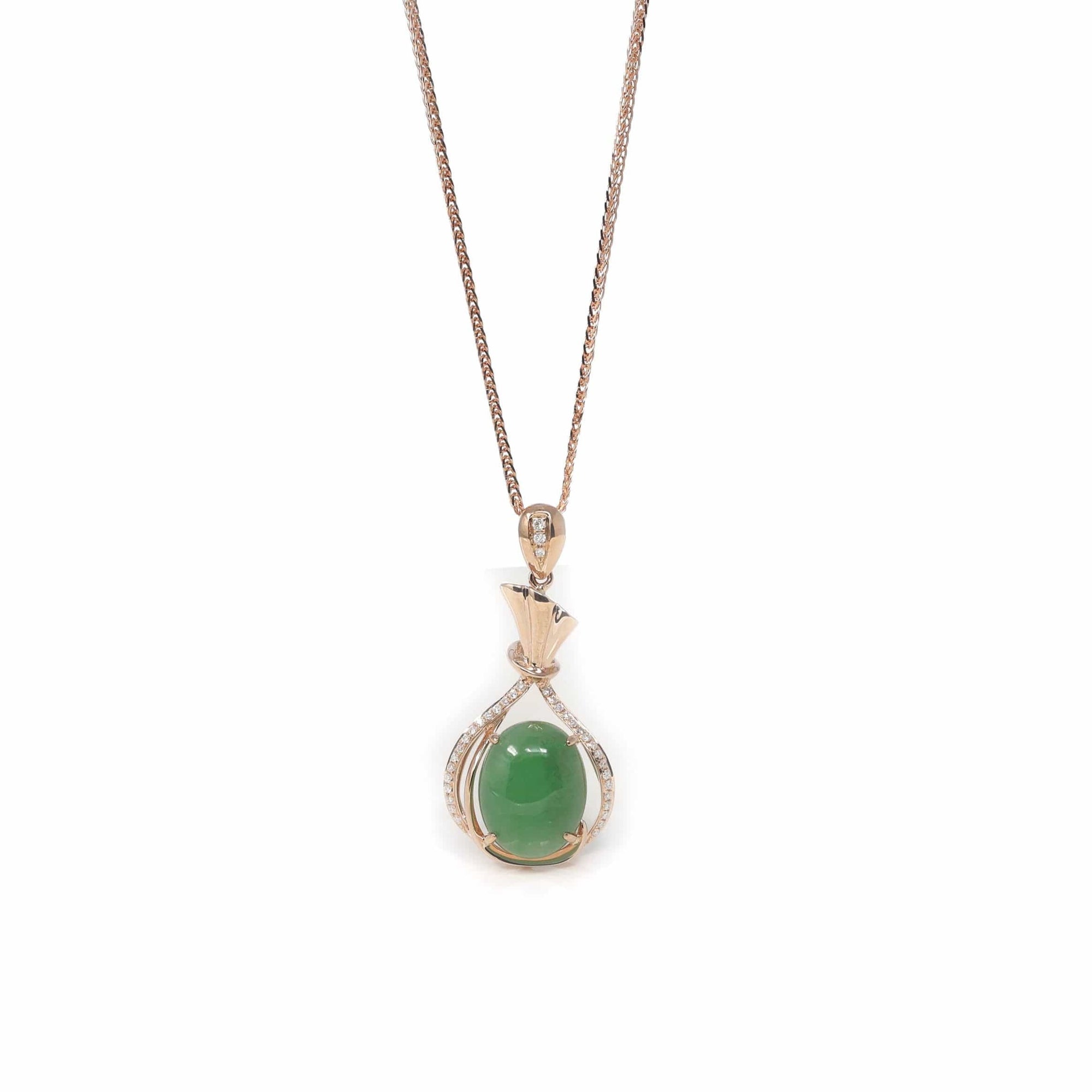 Baikalla Jewelry 18k Gold Jadeite Necklace 18K Rose Gold Oval Imperial Jadeite Jade Cabochon Necklace with Diamonds