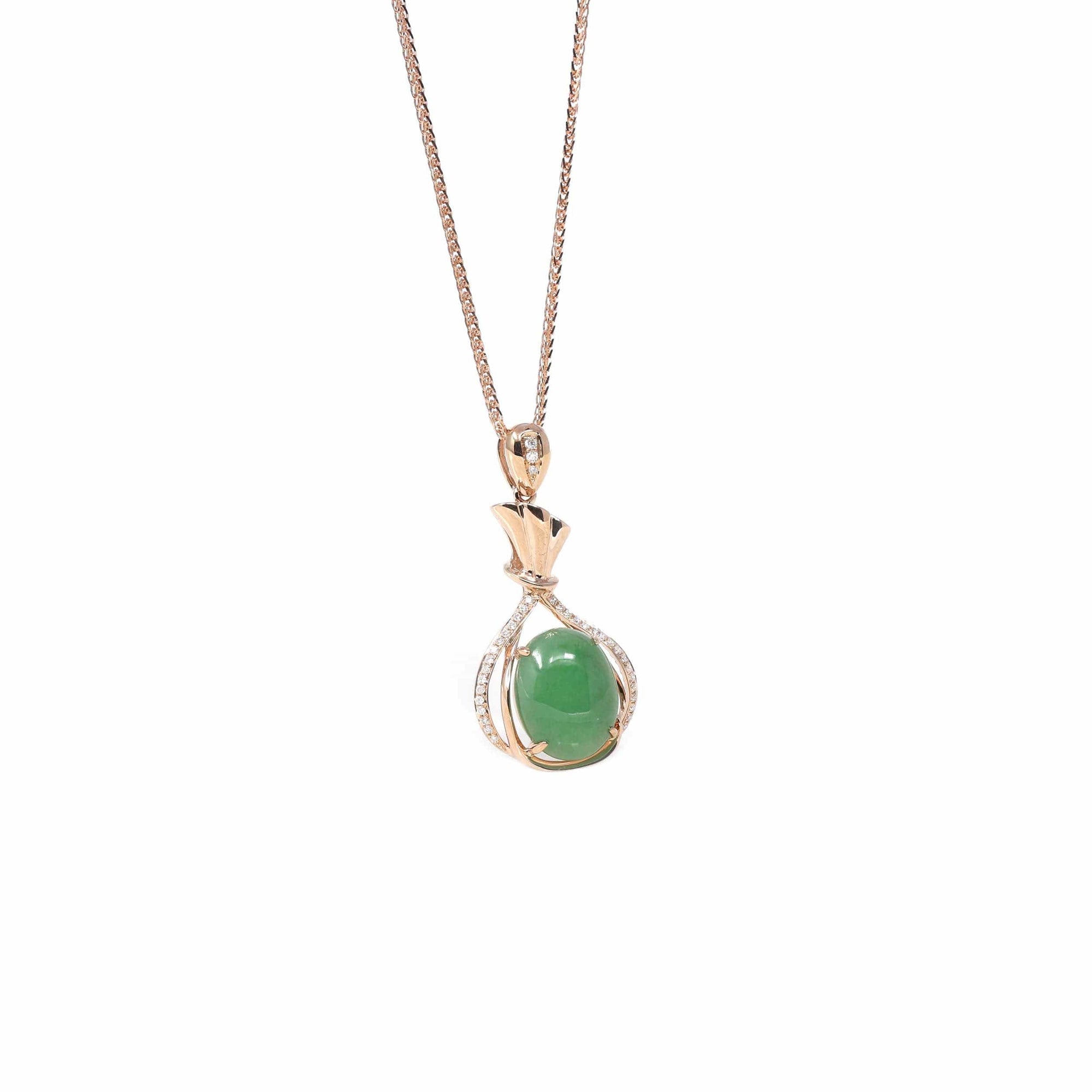 Baikalla Jewelry 18k Gold Jadeite Necklace 18K Rose Gold Oval Imperial Jadeite Jade Cabochon Necklace with Diamonds