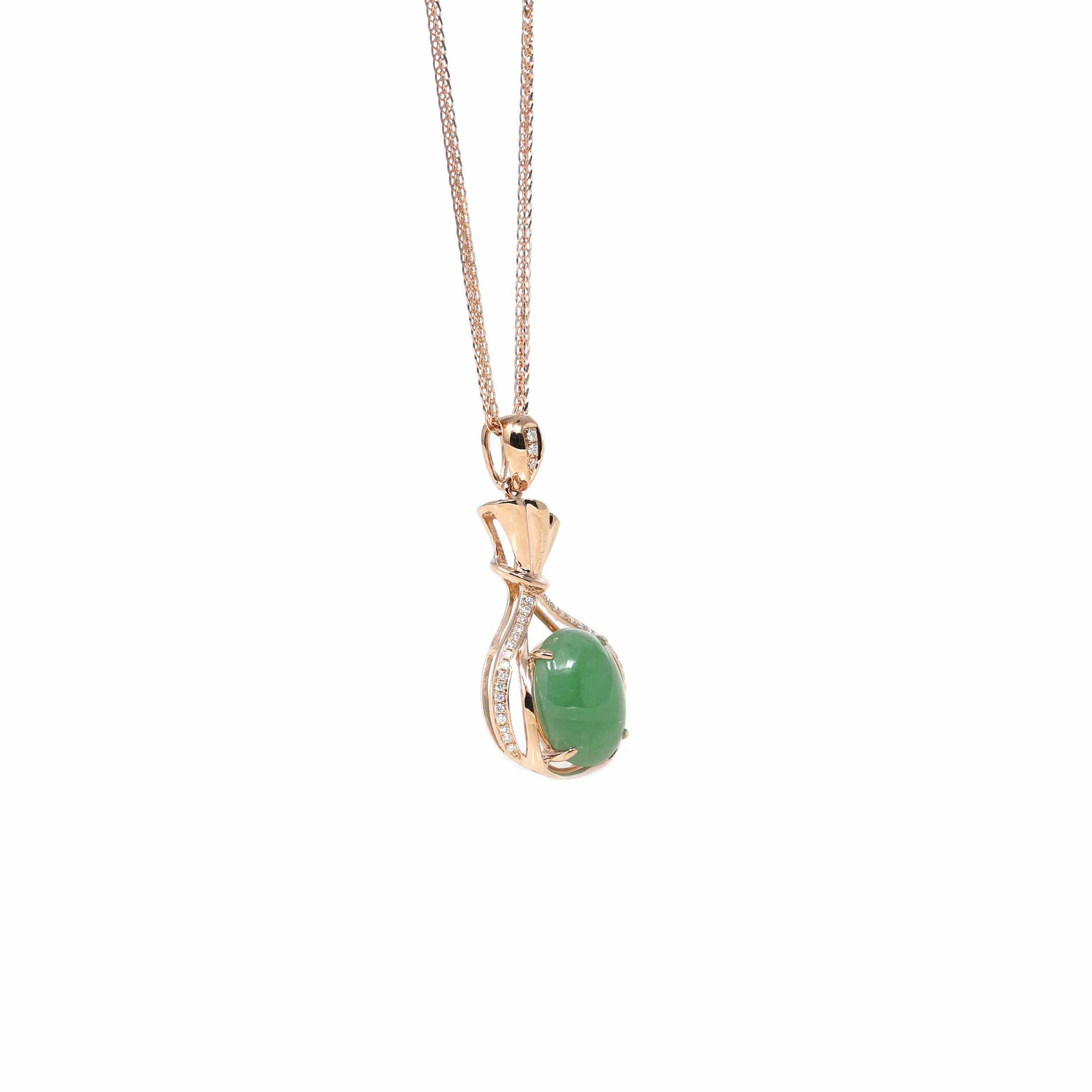 Baikalla Jewelry 18k Gold Jadeite Necklace 18K Rose Gold Oval Imperial Jadeite Jade Cabochon Necklace with Diamonds