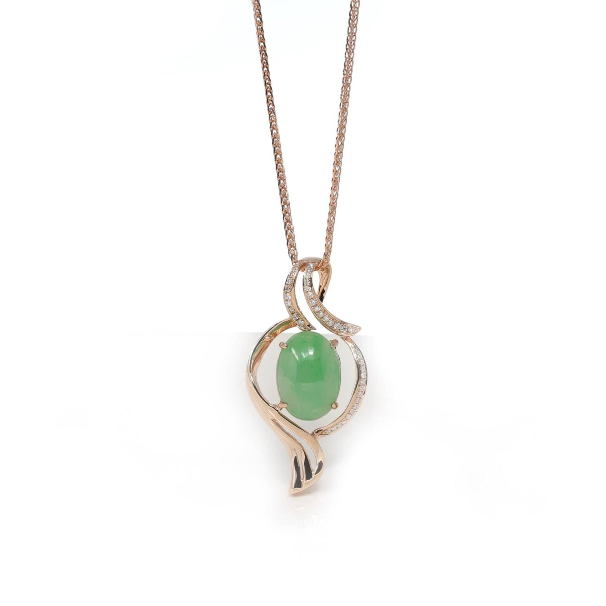 Baikalla Jewelry 18k Gold Jadeite Necklace 18K Rose Gold Oval Imperial Jadeite Jade Cabochon Necklace with Diamonds