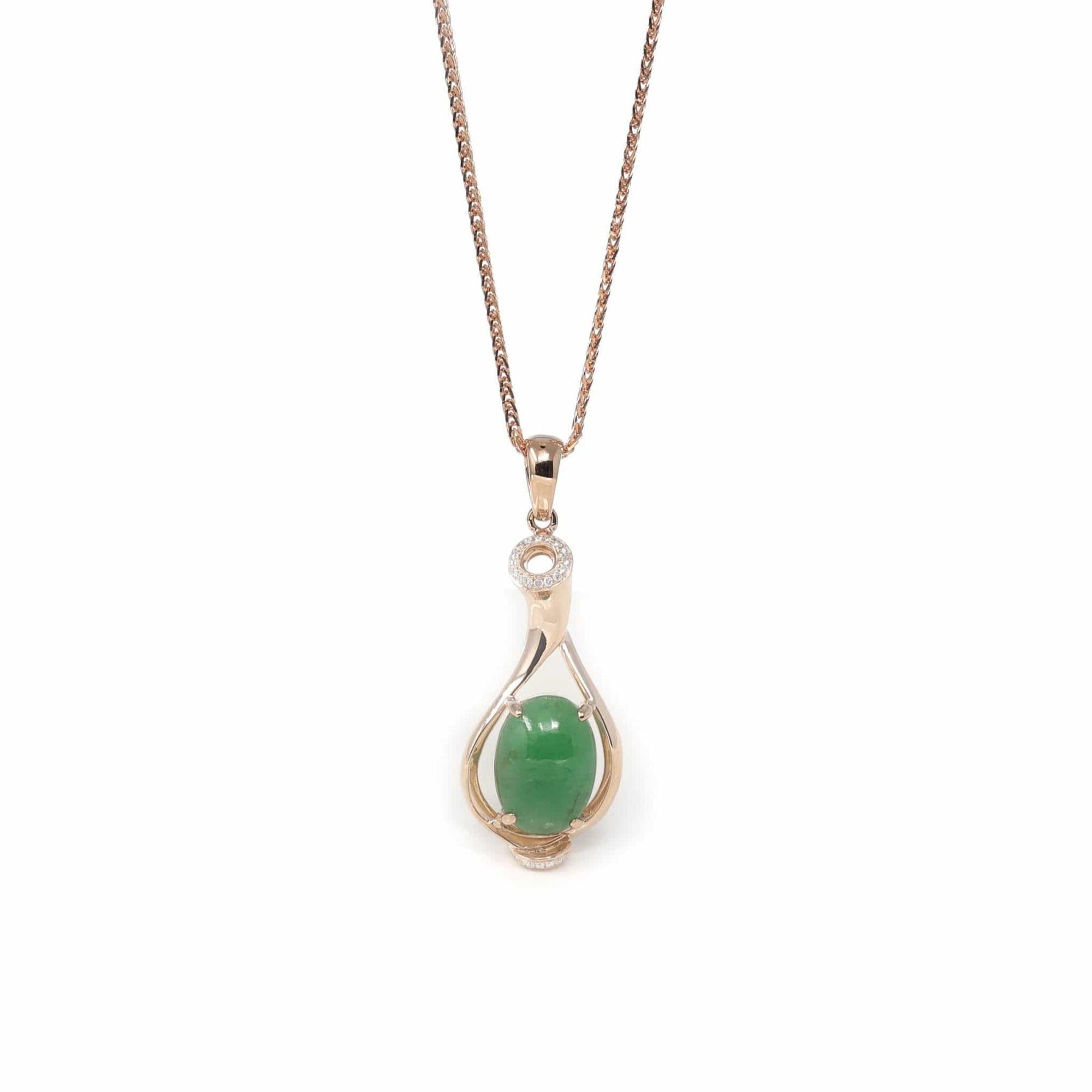 Baikalla Jewelry 18k Gold Jadeite Necklace 18K Rose Gold Oval Imperial Jadeite Jade Cabochon Necklace with Diamonds