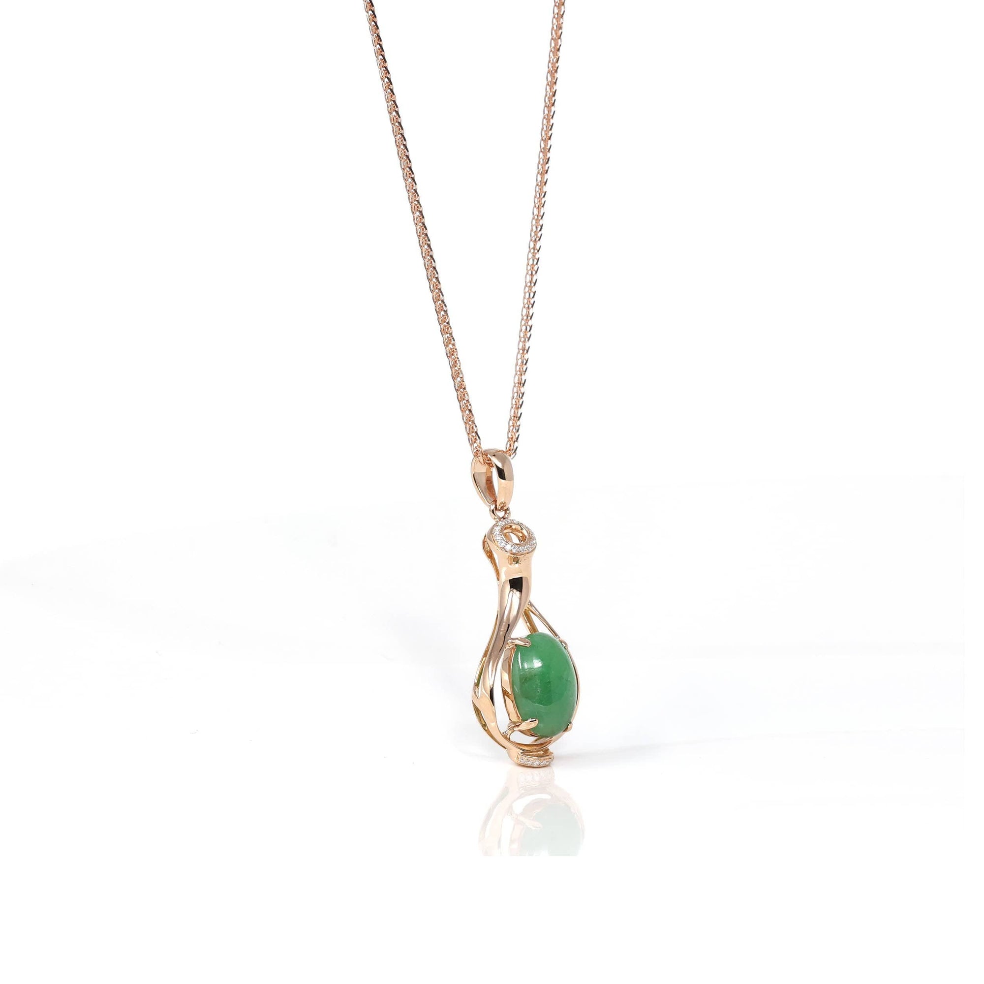 Baikalla Jewelry 18k Gold Jadeite Necklace 18K Rose Gold Oval Imperial Jadeite Jade Cabochon Necklace with Diamonds