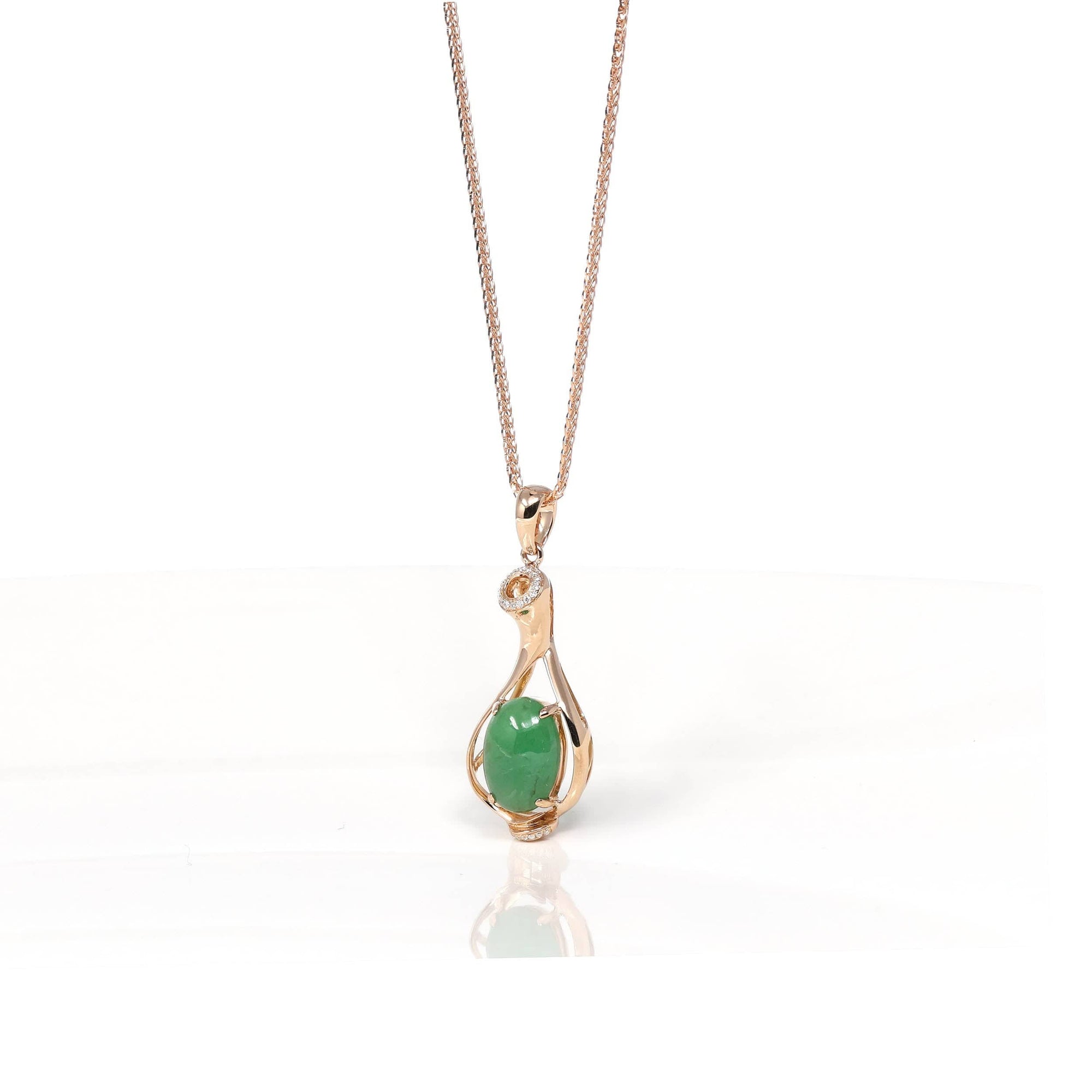 Baikalla Jewelry 18k Gold Jadeite Necklace 18K Rose Gold Oval Imperial Jadeite Jade Cabochon Necklace with Diamonds