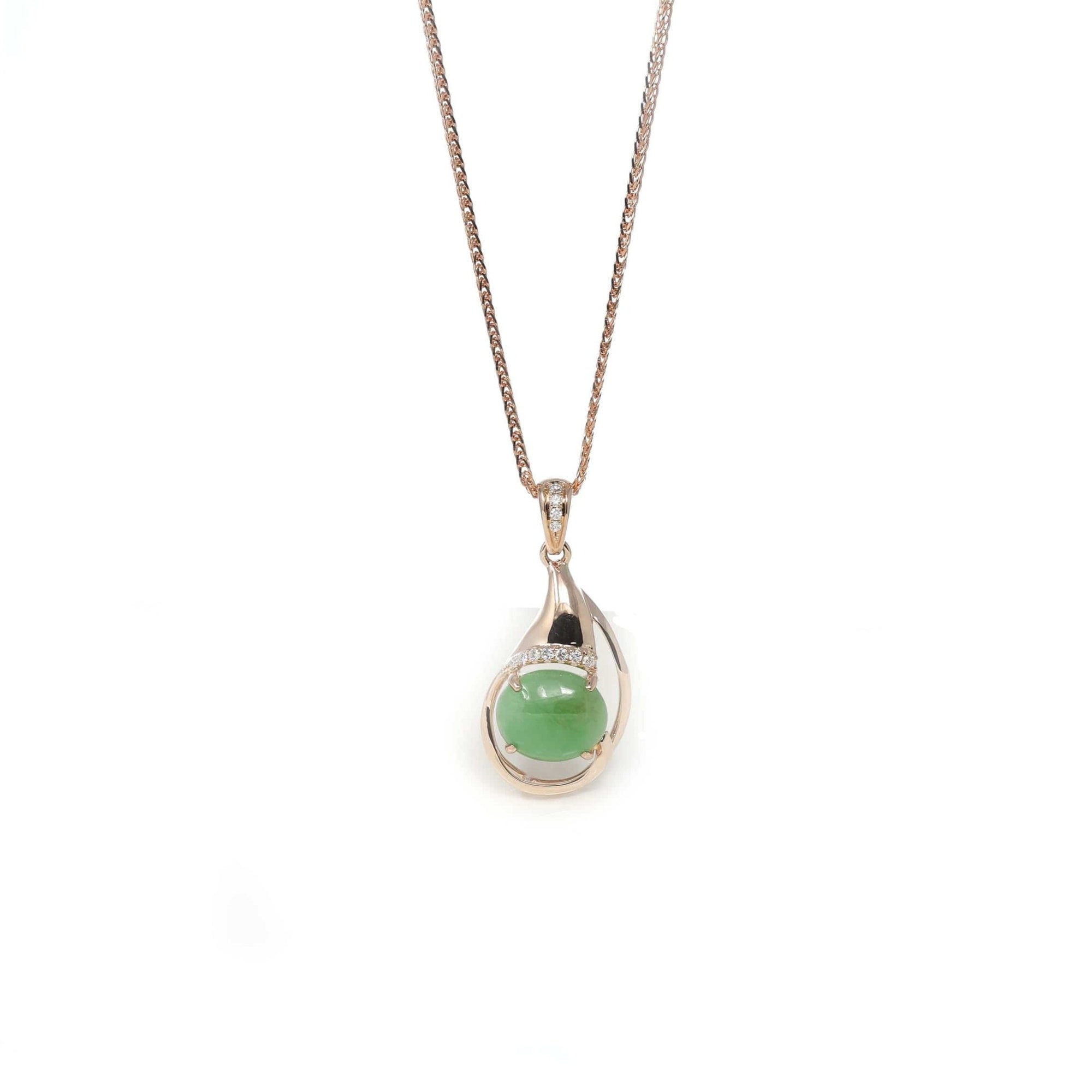 Baikalla Jewelry 18k Gold Jadeite Necklace 18K Rose Gold Oval Imperial Jadeite Jade Cabochon Necklace with Diamonds