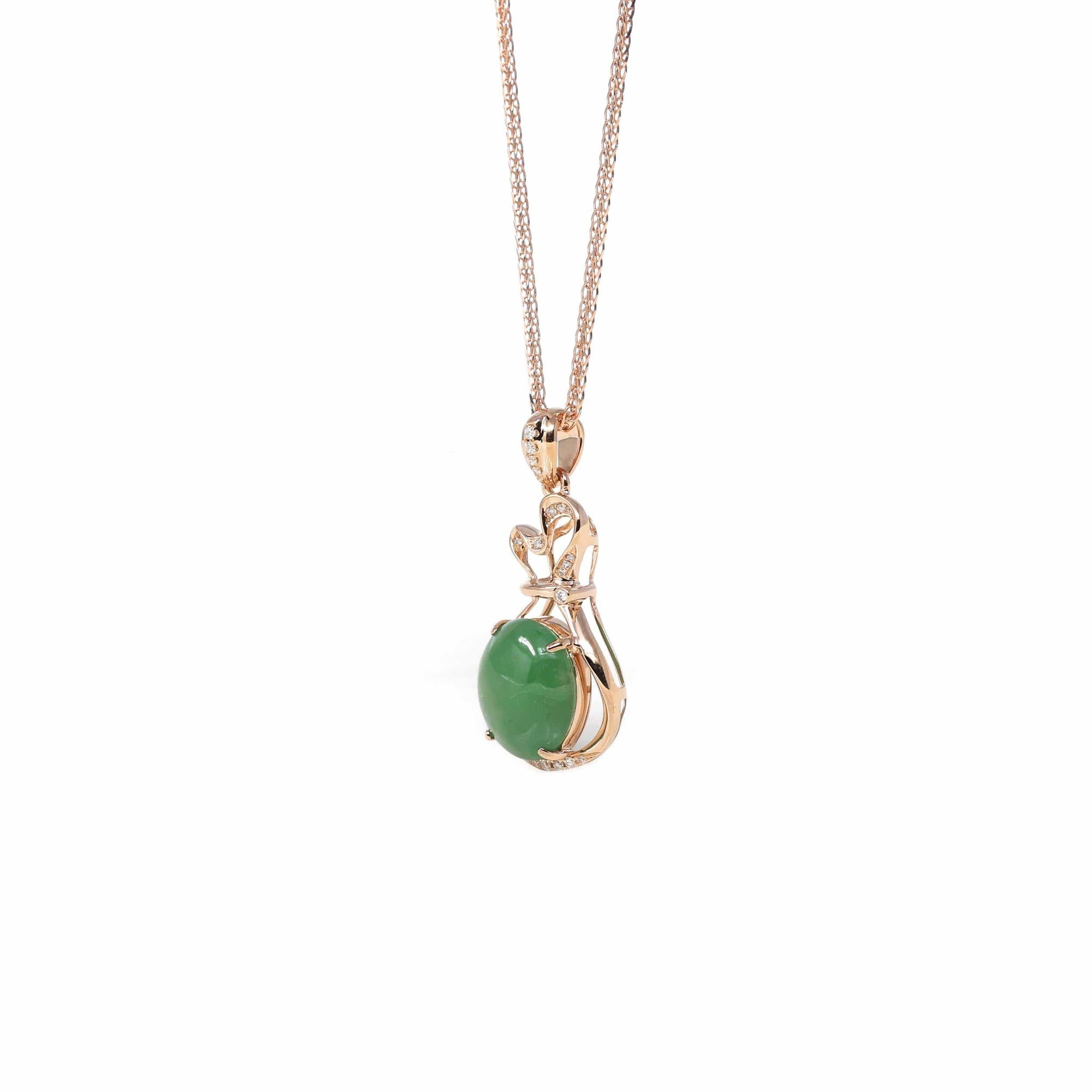 Baikalla Jewelry 18k Gold Jadeite Necklace 18K Rose Gold Oval Imperial Jadeite Jade Cabochon Necklace with Diamonds