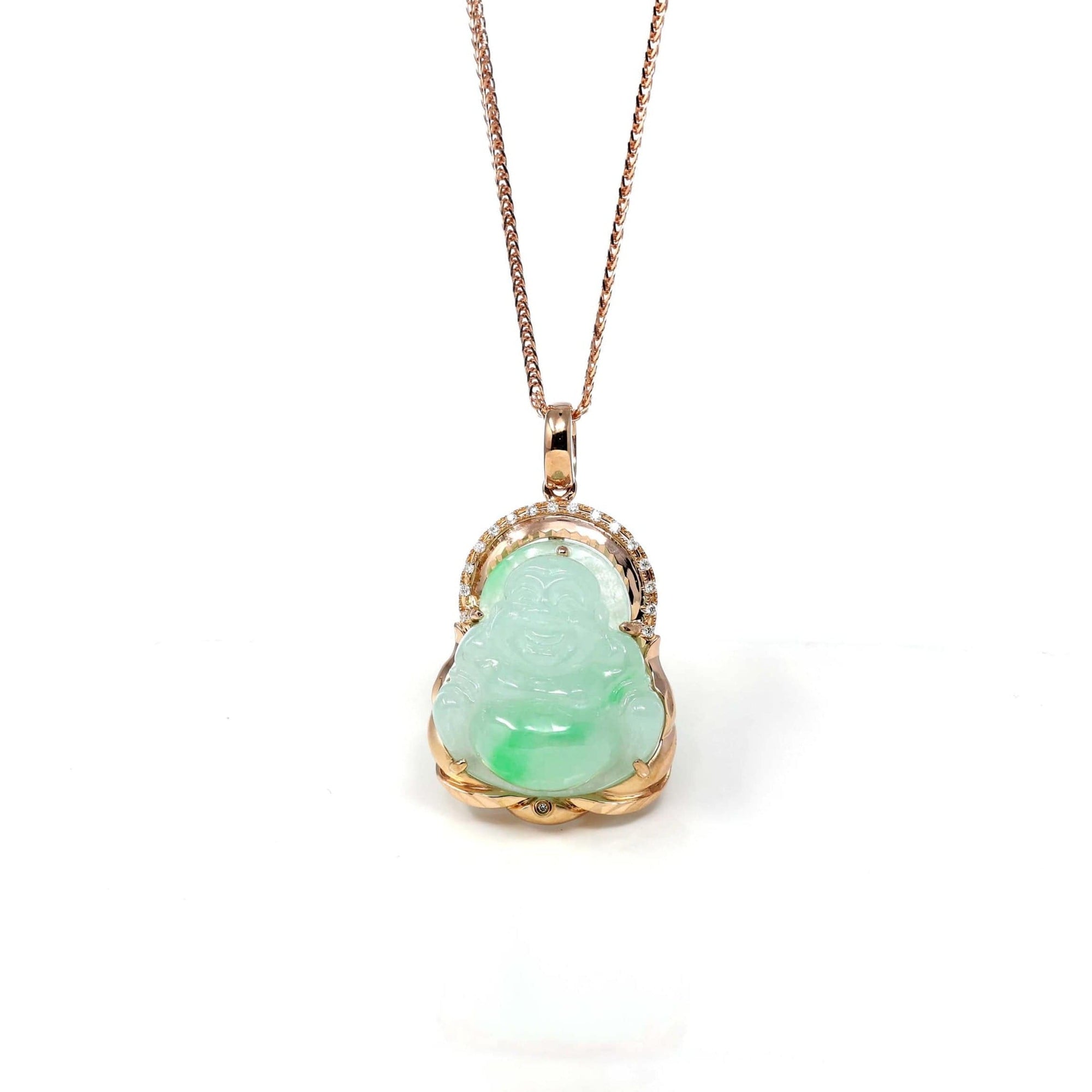 Baikalla Jewelry 18k Gold Jadeite Necklace Copy of Baikalla 18K Rose Gold Genuine Burmese Ice Jadeite Buddha Pendant with Diamonds High Jewelry