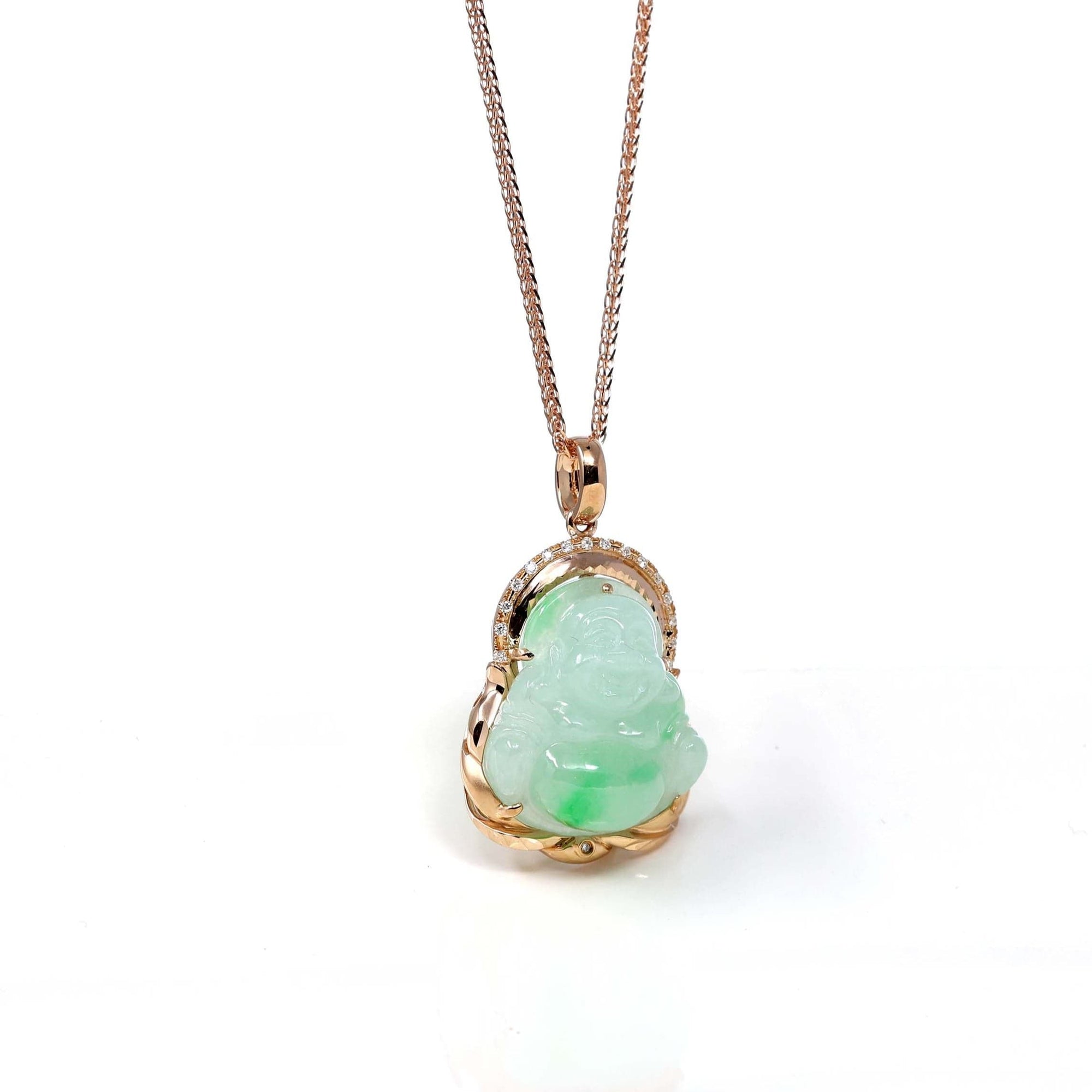 Baikalla Jewelry 18k Gold Jadeite Necklace Copy of Baikalla 18K Rose Gold Genuine Burmese Ice Jadeite Buddha Pendant with Diamonds High Jewelry