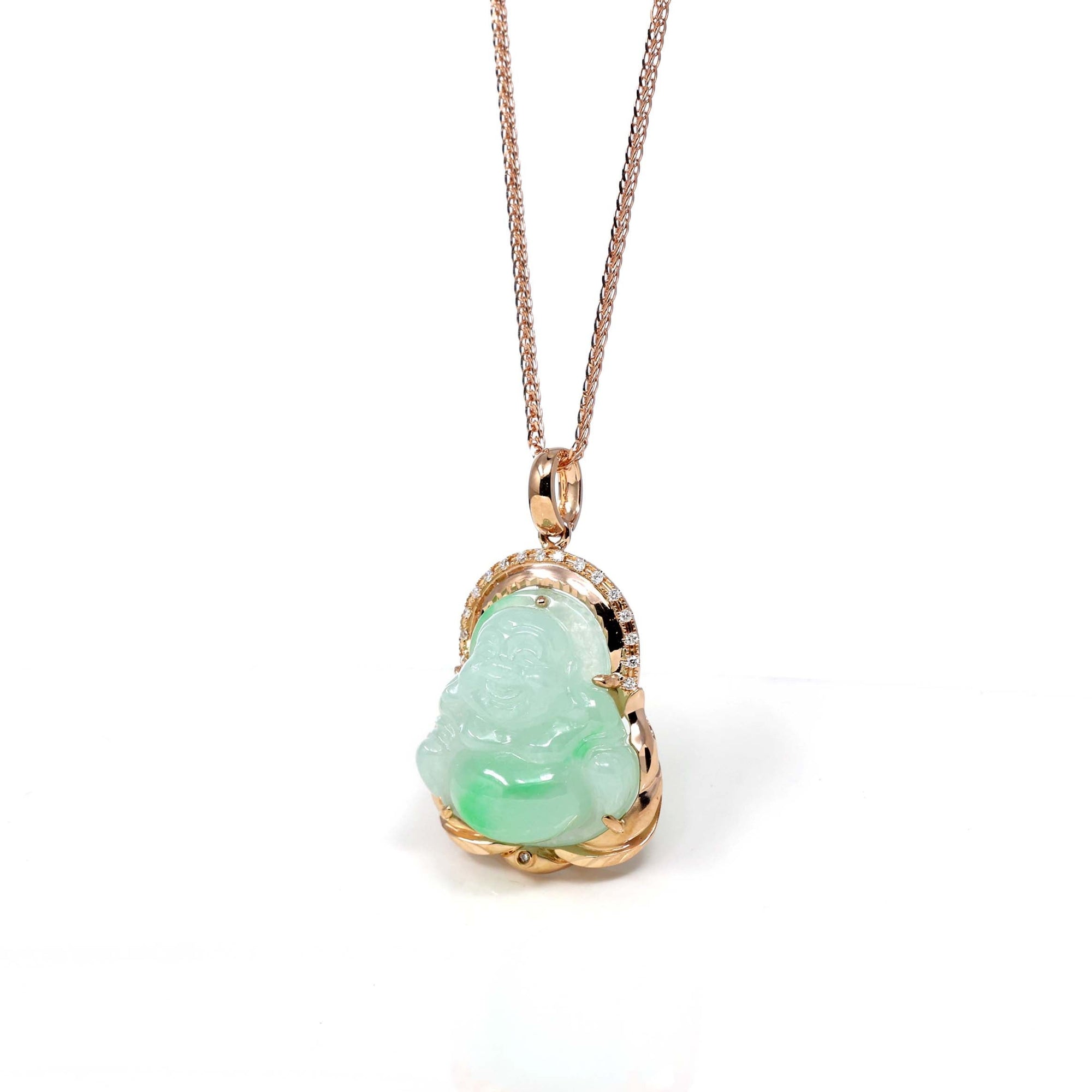 Baikalla Jewelry 18k Gold Jadeite Necklace Copy of Baikalla 18K Rose Gold Genuine Burmese Ice Jadeite Buddha Pendant with Diamonds High Jewelry