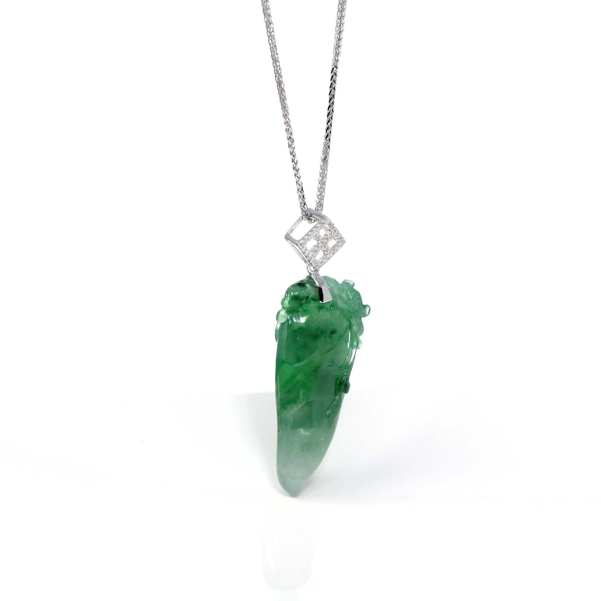 Baikalla Jewelry Jadeite Jade Buddha & Guanyin Copy of Natural Jadeite "Longevity Peach" ShouTao Necklace With 18k White Gold Diamond Bail