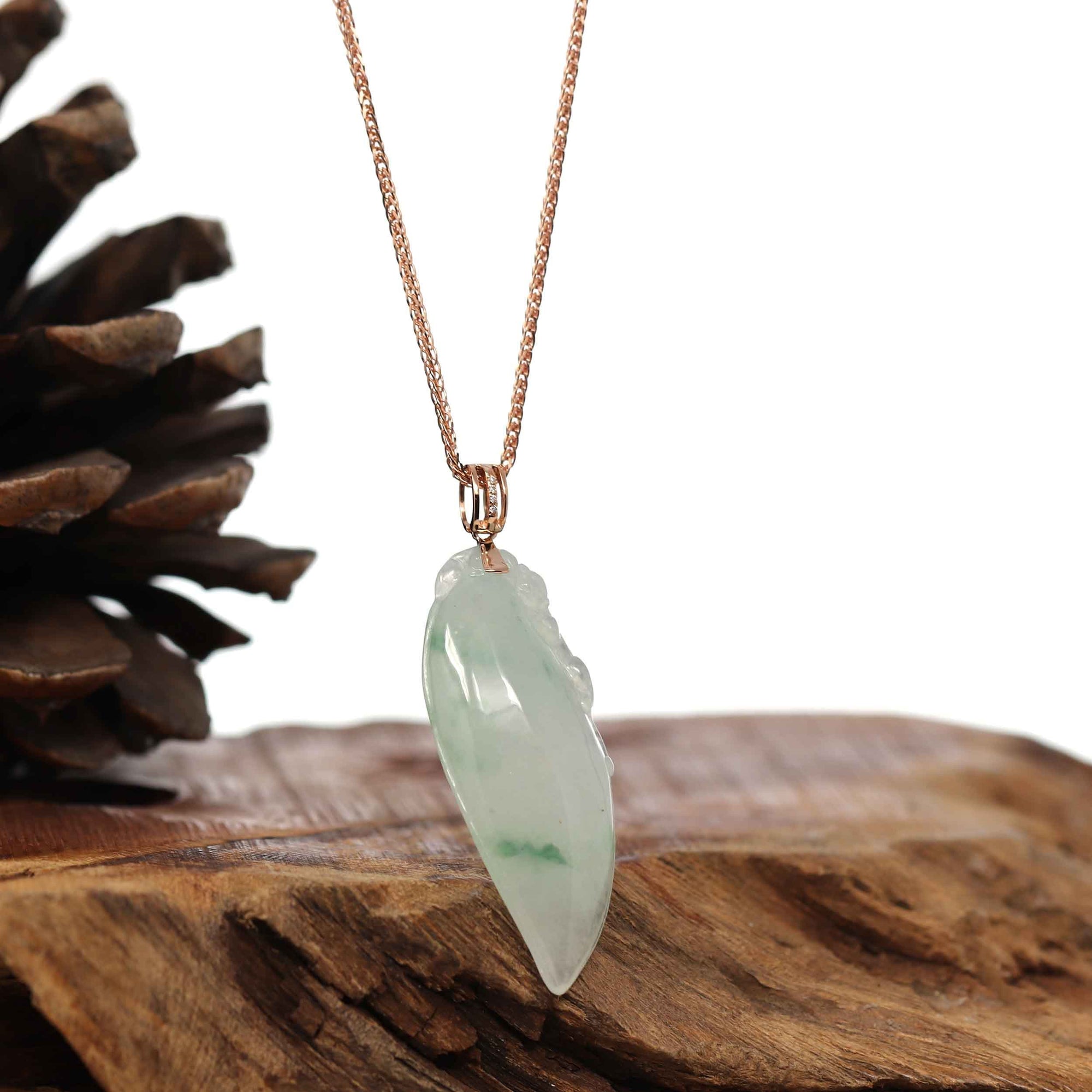 Baikalla Jewelry Jade Pendant Natural Ice Jadeite "Longevity Peach" ShouTao Necklace With 14k Yellow Gold Diamond Bail