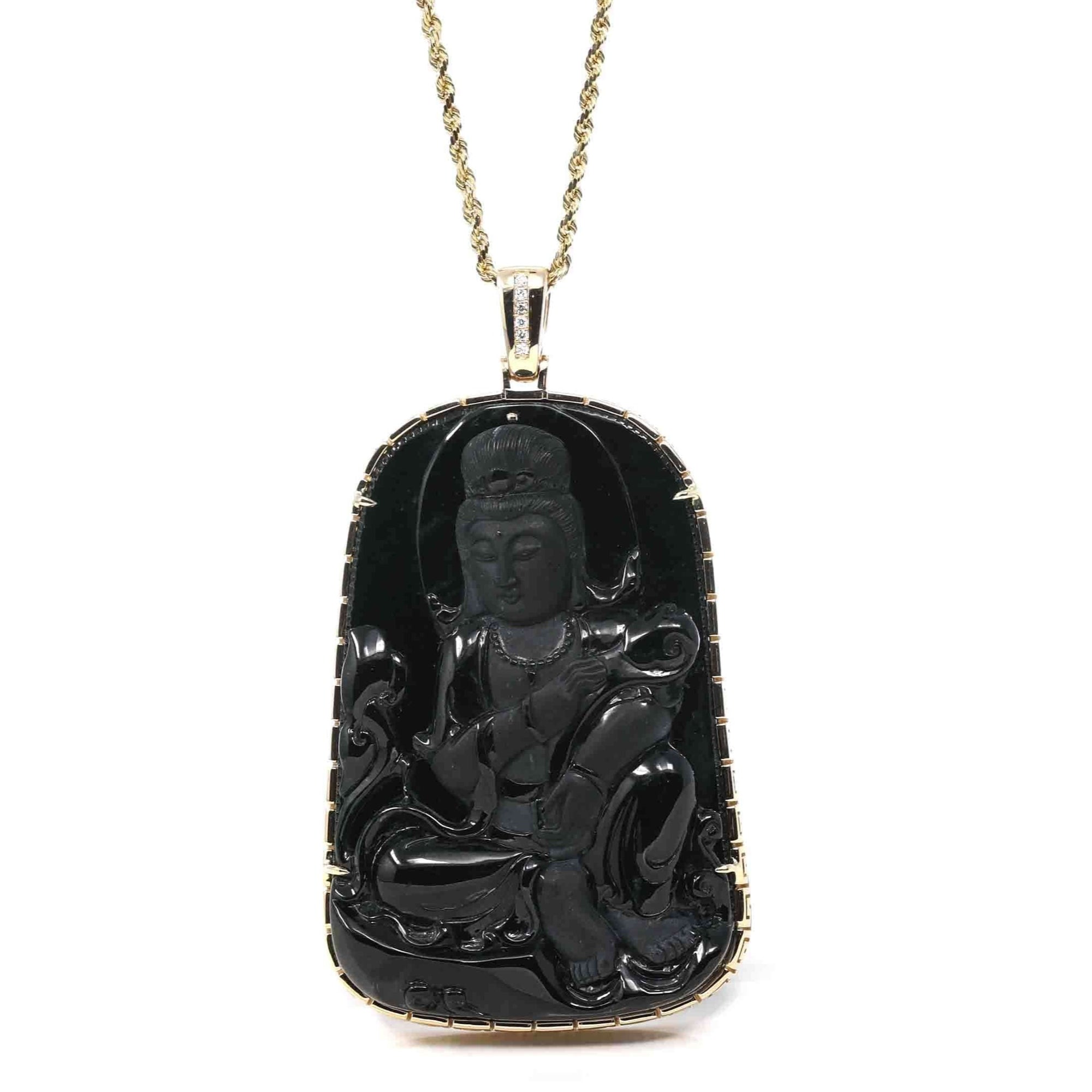 Baikalla Jewelry Jade Guanyin Pendant Necklace Pendant Only Baikalla 14k Yellow Gold "Goddess of Compassion" Genuine Black Burmese Jadeite Jade Guanyin Necklace With Gold Bail