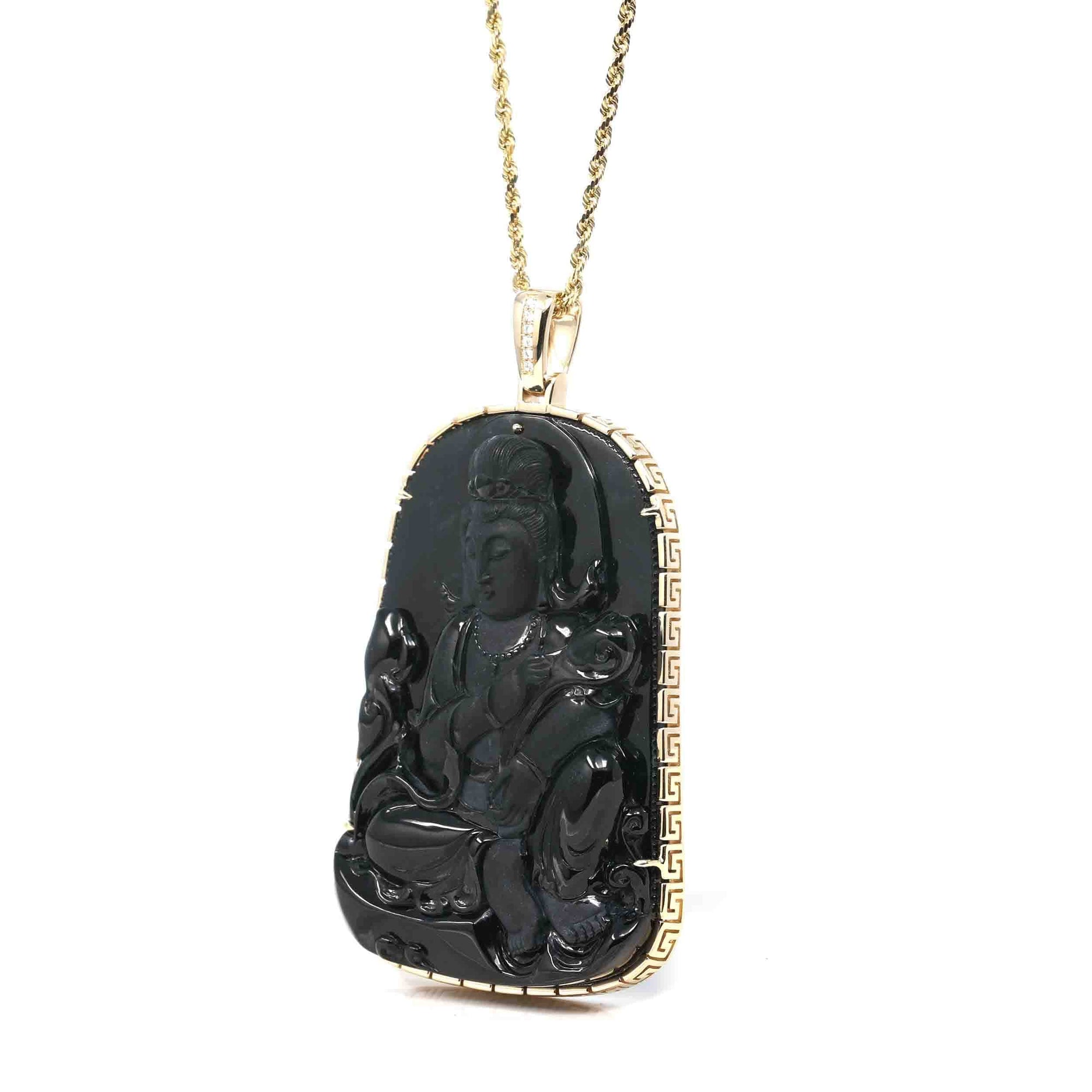 Baikalla Jewelry Jade Guanyin Pendant Necklace Pendant Only Baikalla 14k Yellow Gold "Goddess of Compassion" Genuine Black Burmese Jadeite Jade Guanyin Necklace With Gold Bail