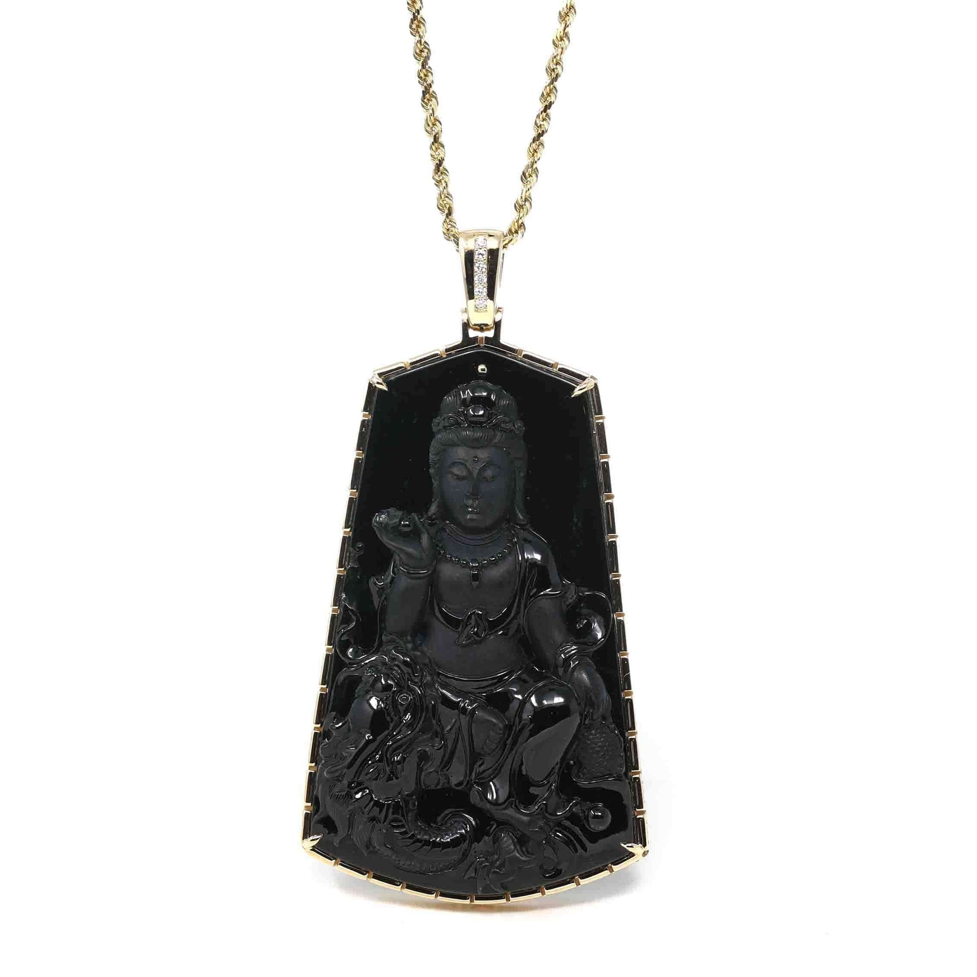 Baikalla Jewelry Jade Guanyin Pendant Necklace Pendant Only Baikalla 14k Yellow Gold "Goddess of Compassion" Genuine Black Burmese Jadeite Jade Guanyin Necklace With Gold Bail