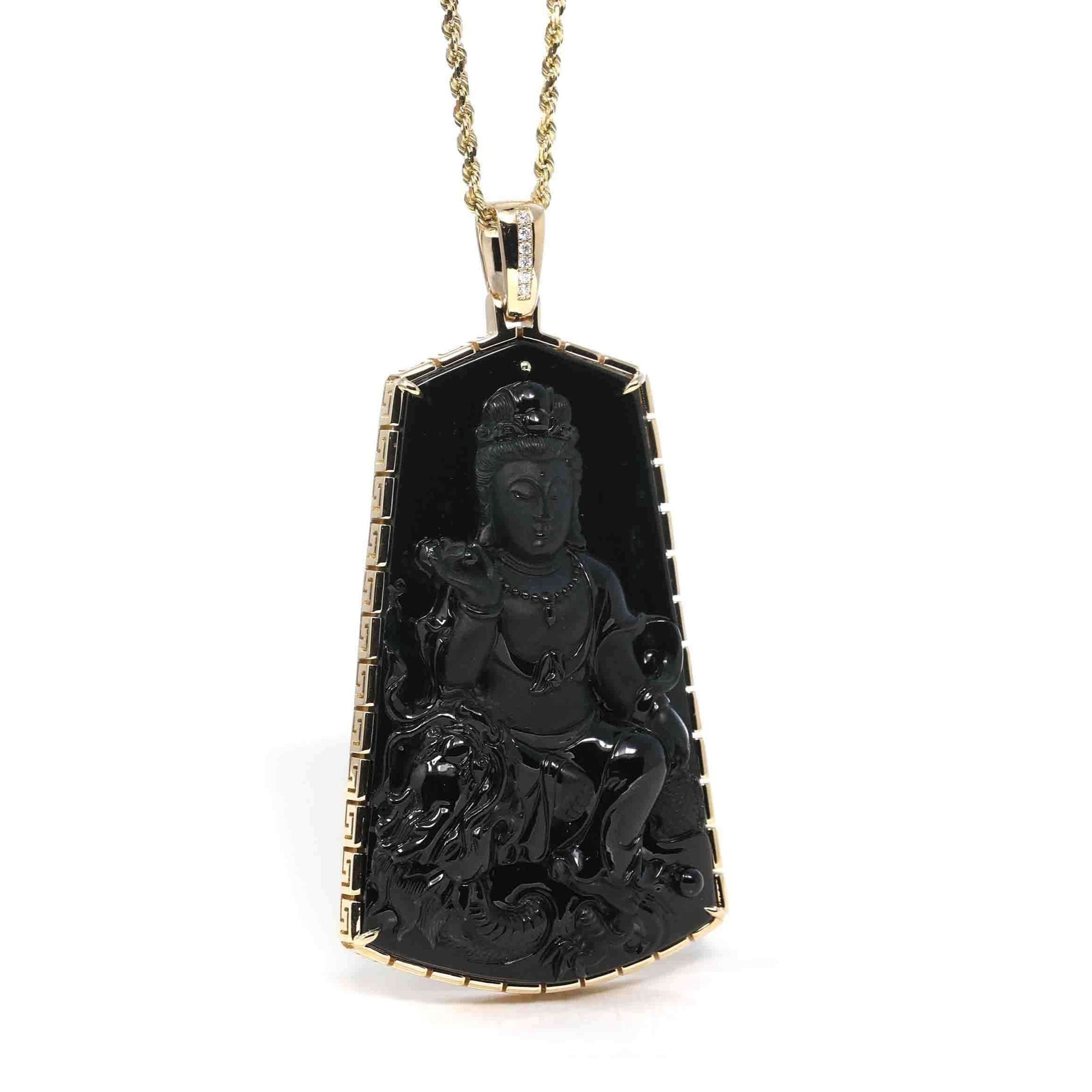 Baikalla Jewelry Jade Guanyin Pendant Necklace Pendant Only Baikalla 14k Yellow Gold "Goddess of Compassion" Genuine Black Burmese Jadeite Jade Guanyin Necklace With Gold Bail