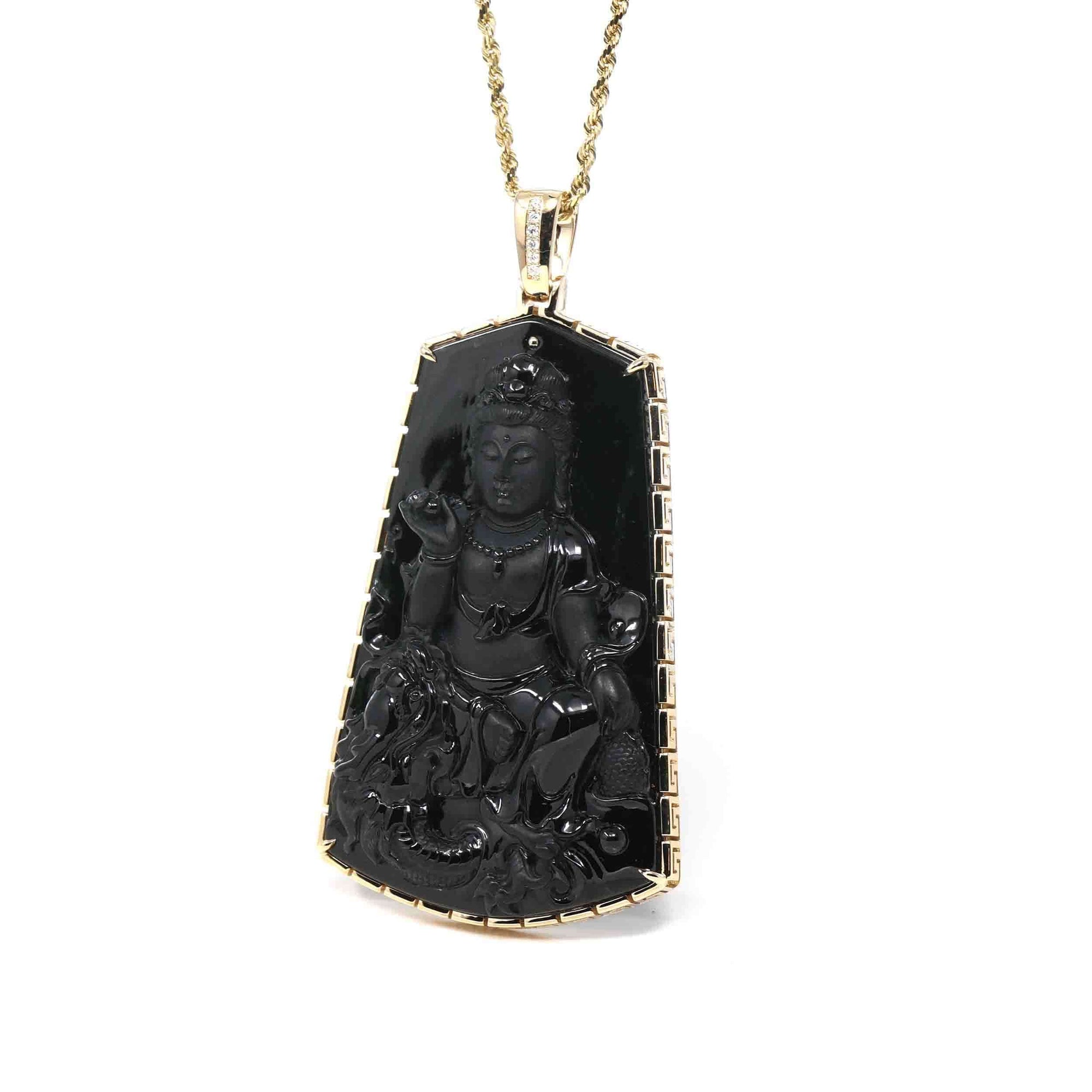 Baikalla Jewelry Jade Guanyin Pendant Necklace Pendant Only Baikalla 14k Yellow Gold "Goddess of Compassion" Genuine Black Burmese Jadeite Jade Guanyin Necklace With Gold Bail