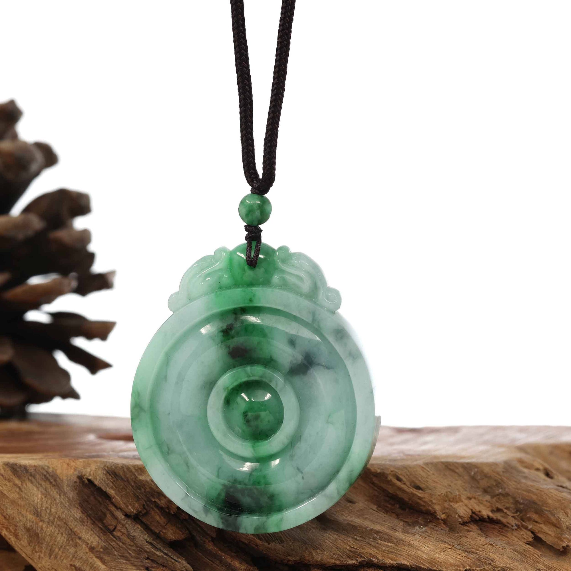 Baikalla Jewelry Jade Pendant Necklace Copy of Copy of Genuine Green Jadeite Jade "Good Luck Money Circle with Dragon Accent" Pendant Necklace With Real Jadeite Bead Necklace