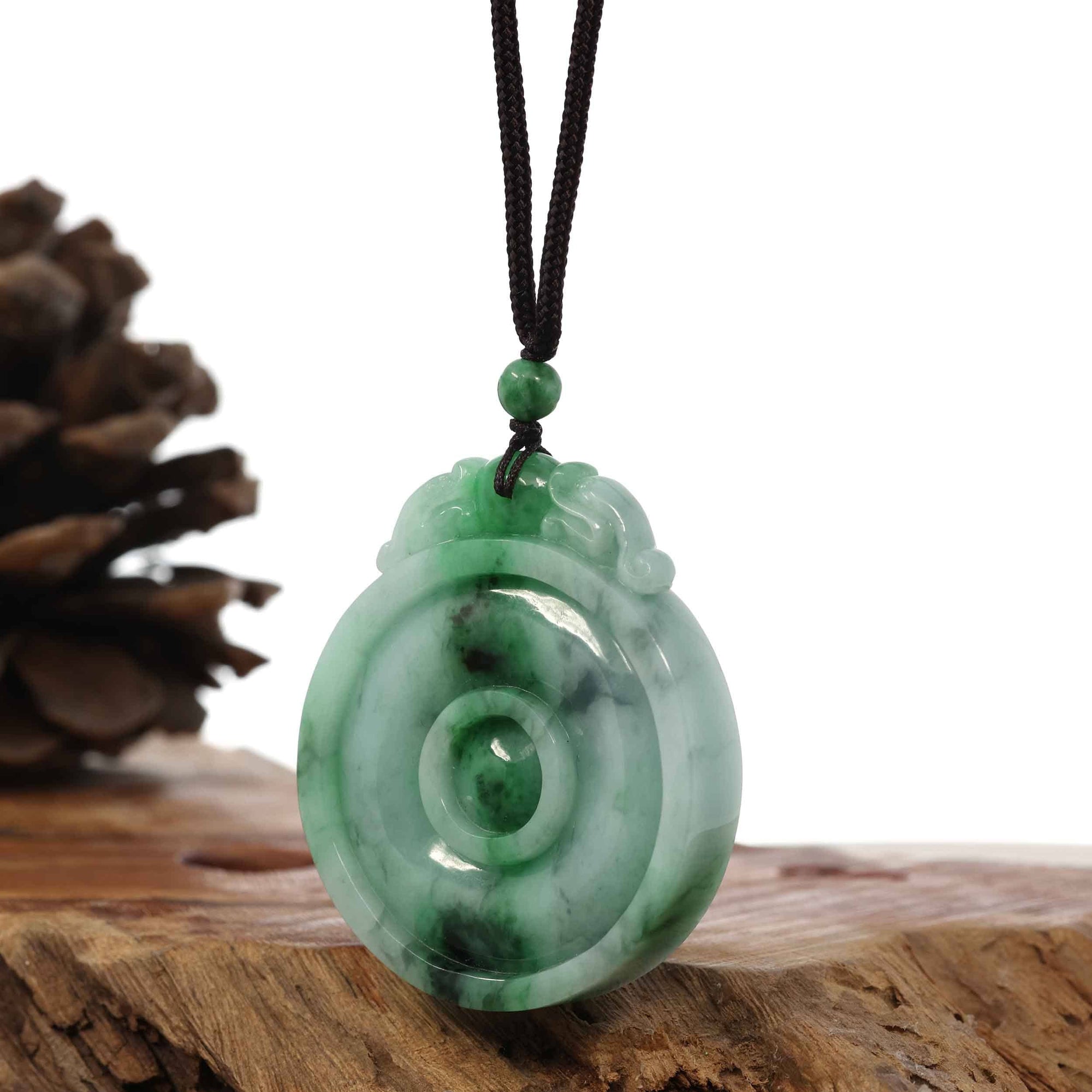 Baikalla Jewelry Jade Pendant Necklace Genuine Green Jadeite Jade "Good Luck Money Circle with Dragon Accent" Pendant Necklace With Real Jadeite Bead Necklace