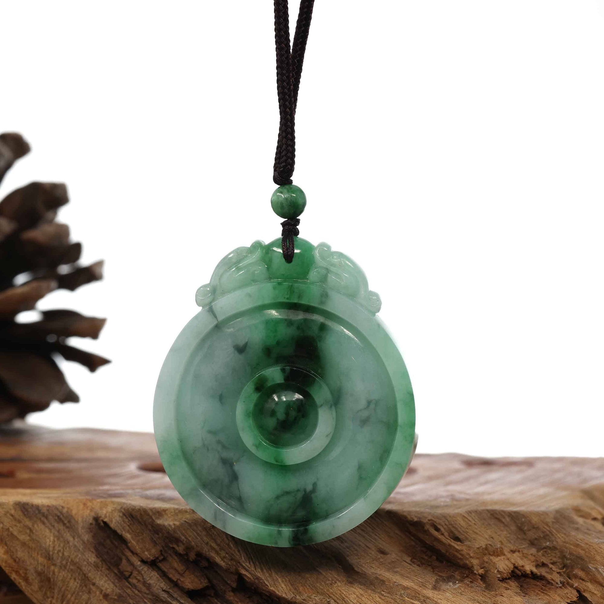 Baikalla Jewelry Jade Pendant Necklace Genuine Green Jadeite Jade "Good Luck Money Circle with Dragon Accent" Pendant Necklace With Real Jadeite Bead Necklace