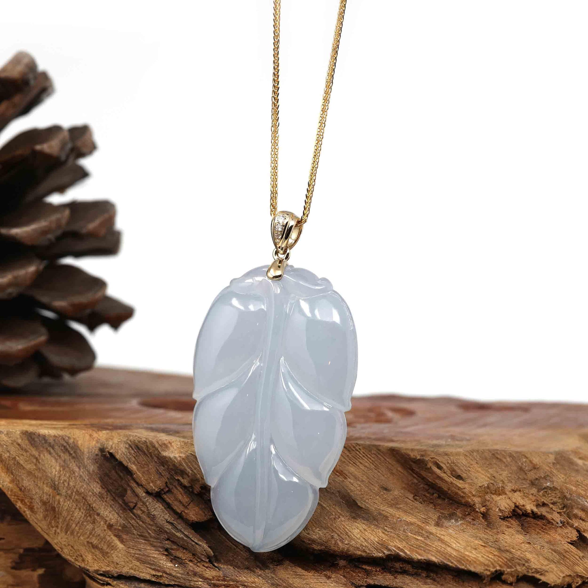 Baikalla Jewelry Jade Guanyin Pendant Necklace Copy of Genuine Ice Jadeite Jade Jin Zhi Yu Ye (Leaf) Necklace With White Gold VSI Diamond Bail