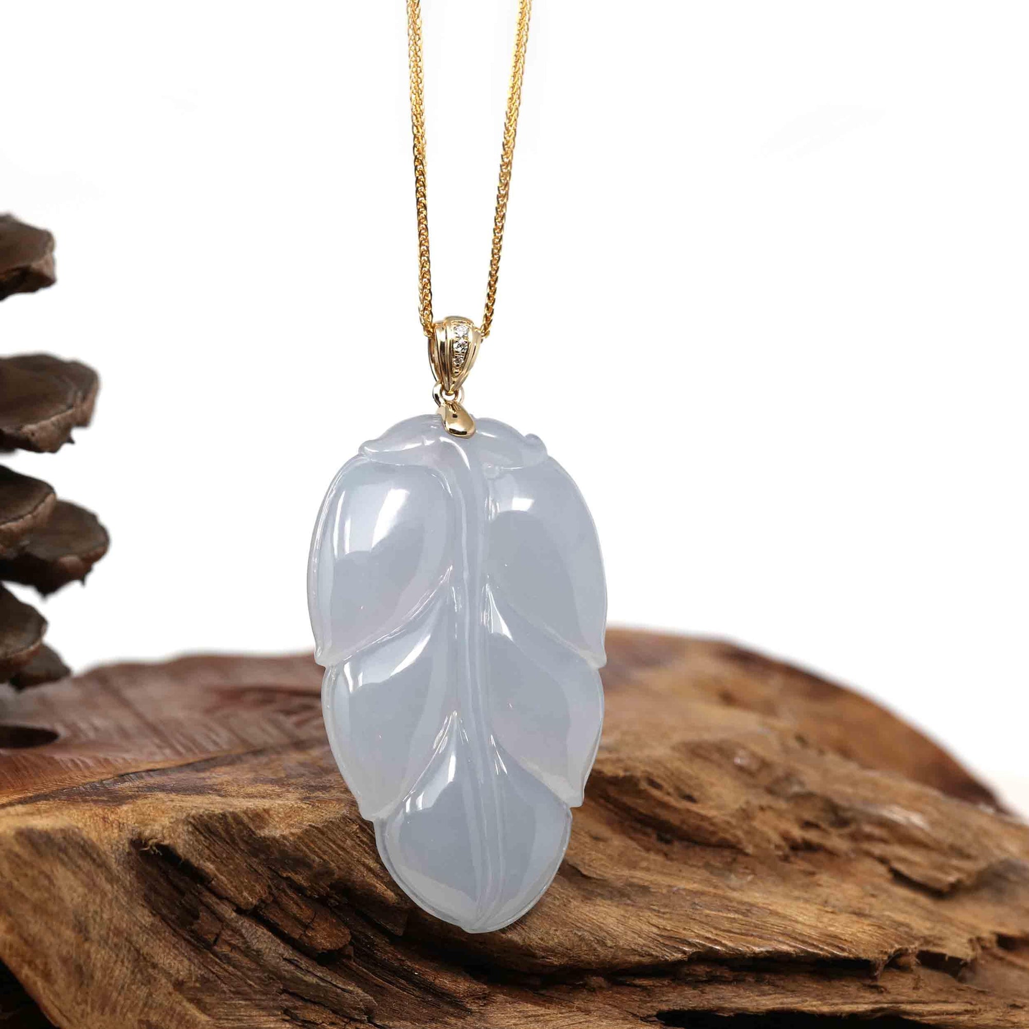 Baikalla Jewelry Jade Guanyin Pendant Necklace Copy of Genuine Ice Jadeite Jade Jin Zhi Yu Ye (Leaf) Necklace With White Gold VSI Diamond Bail