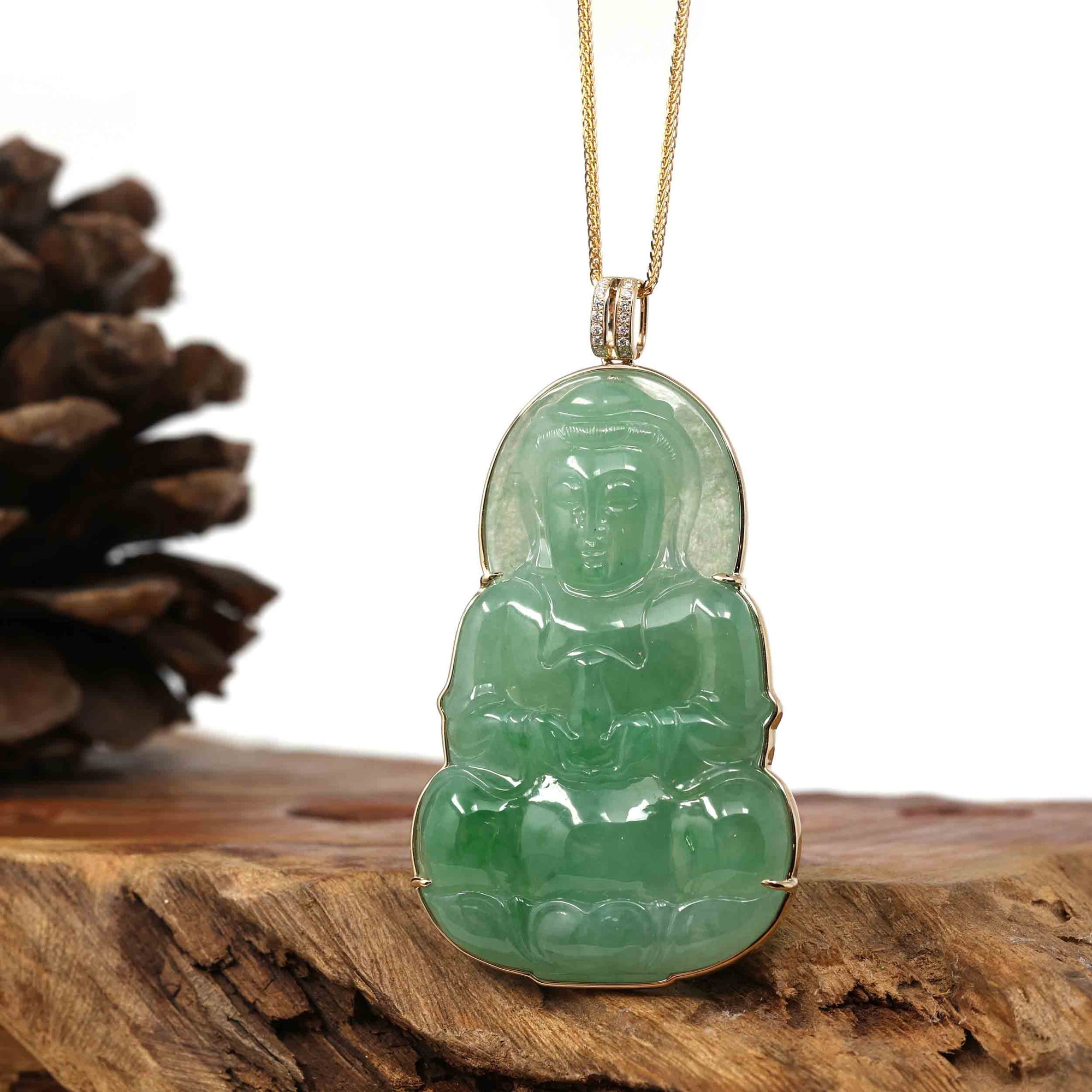 Baikalla Jewelry Jade Guanyin Pendant Necklace Copy of Copy of Copy of Baikalla 14k Yellow Gold "Goddess of Compassion" Genuine Ice Burmese Jadeite Jade Guanyin Necklace With Gold Bail