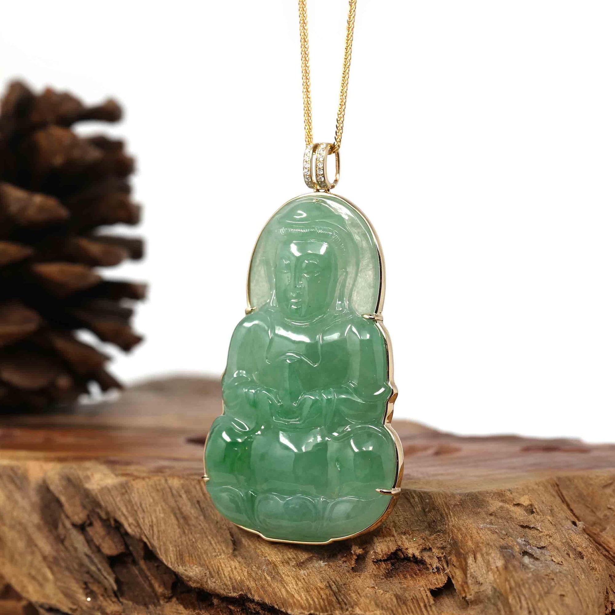 Baikalla Jewelry Jade Guanyin Pendant Necklace Copy of Copy of Copy of Baikalla 14k Yellow Gold "Goddess of Compassion" Genuine Ice Burmese Jadeite Jade Guanyin Necklace With Gold Bail